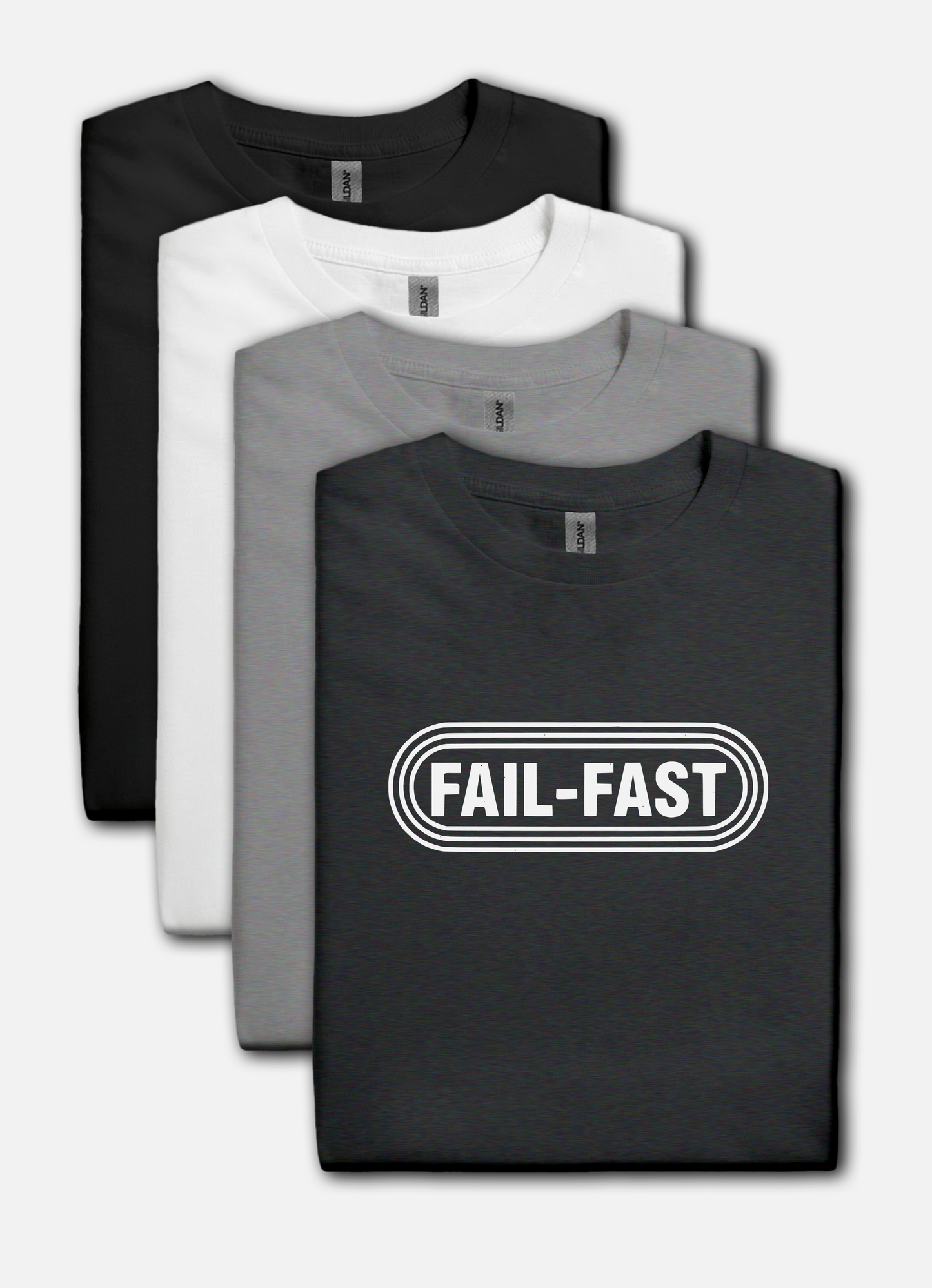 Four folded t-shirts in black, white, and gray with 'FAIL-FAST' text on a white background.