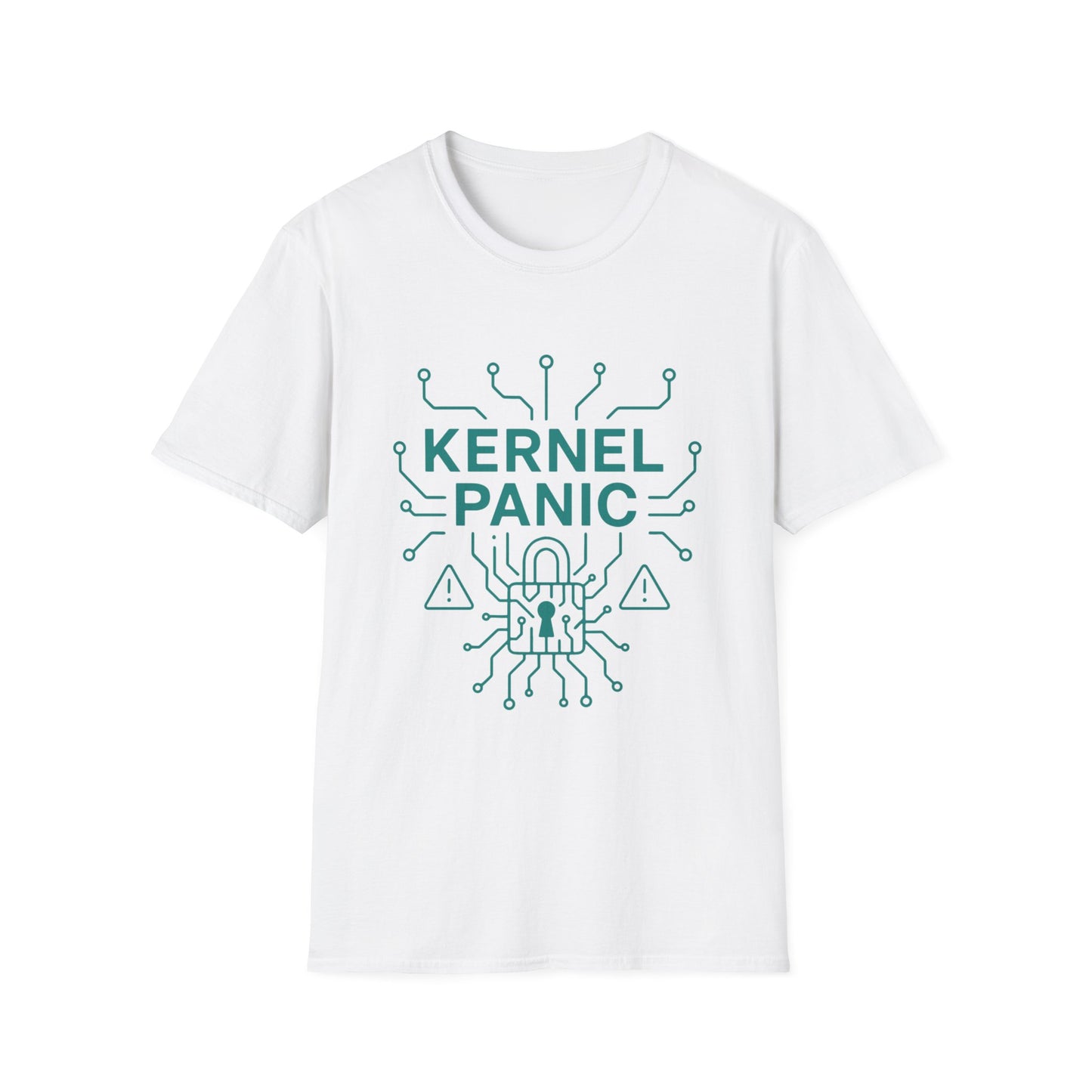 White t-shirt with green 'Kernel Panic' graphic design on a white background