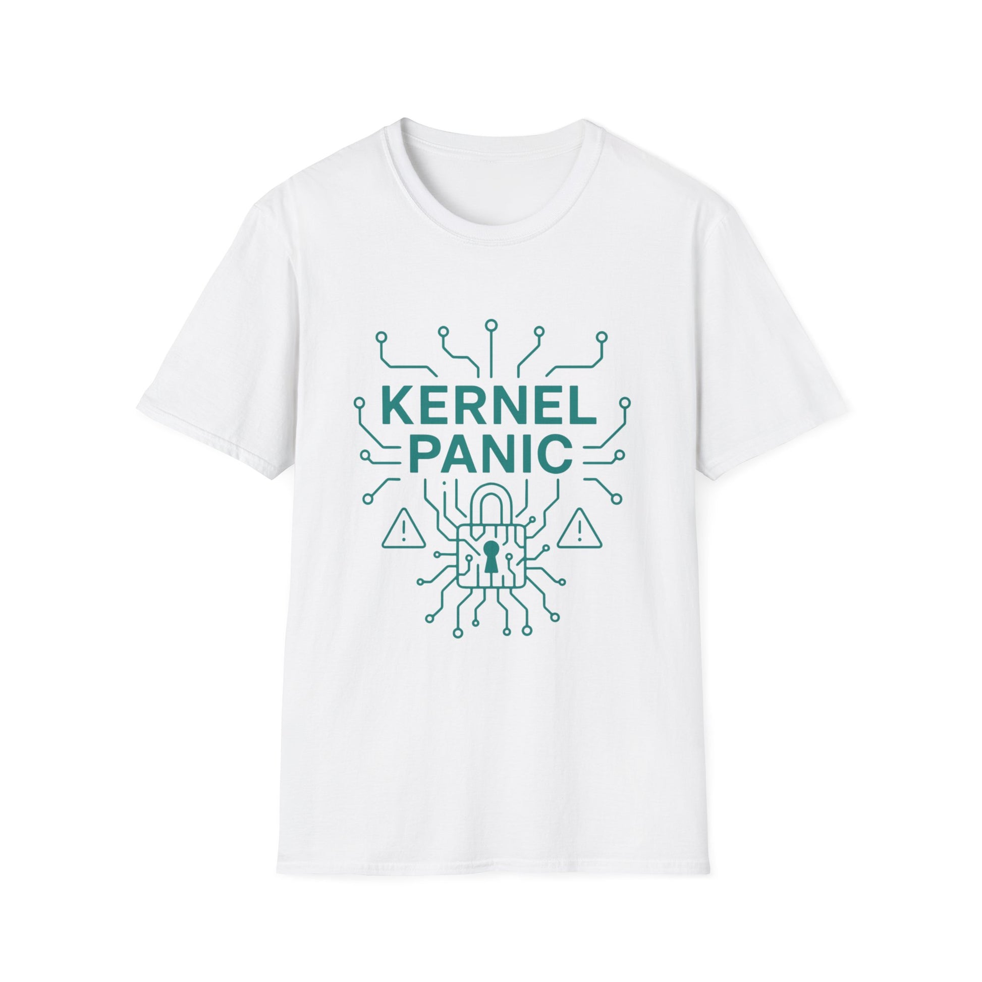 White t-shirt with green 'Kernel Panic' graphic design on a white background
