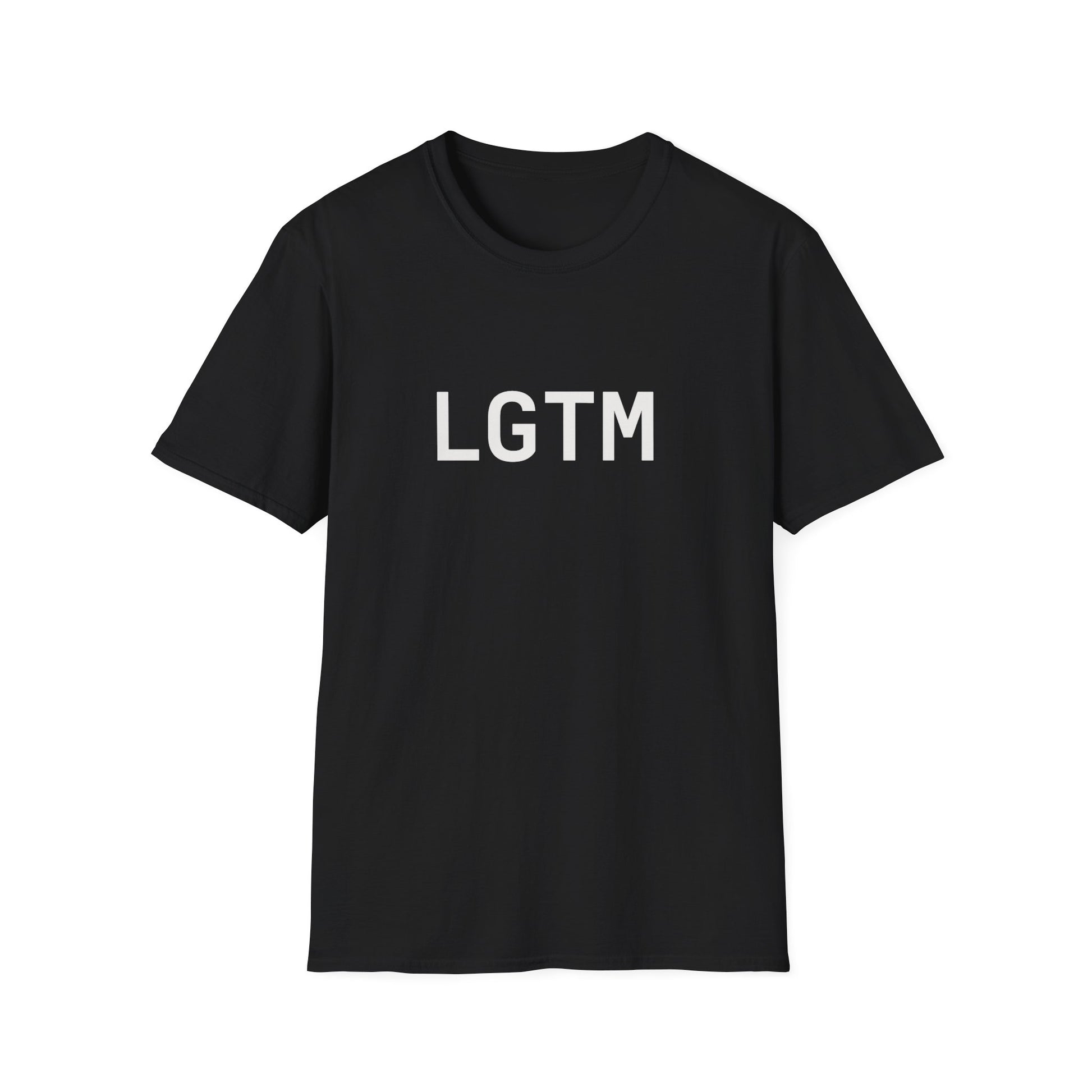 Black t-shirt with 'LGTM' text on a white background