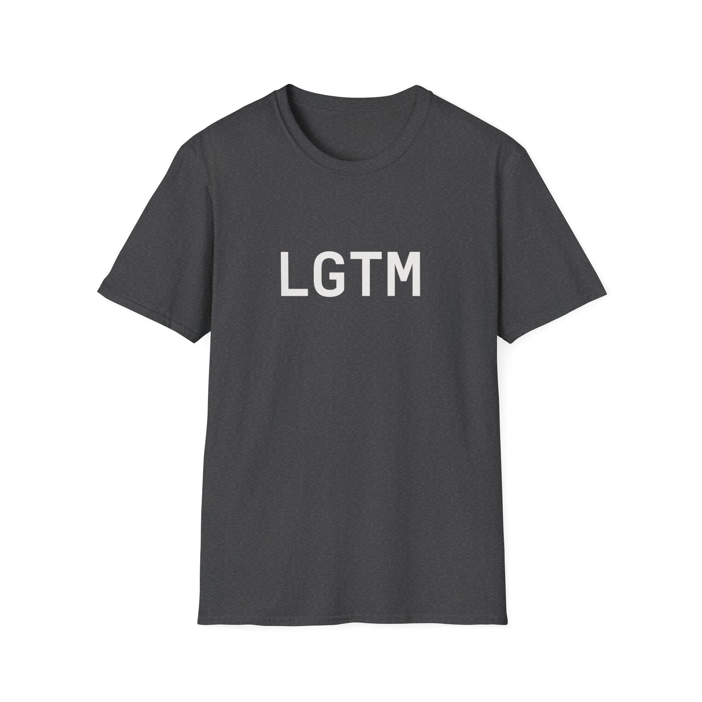 Black t-shirt with 'LGTM' text on a white background