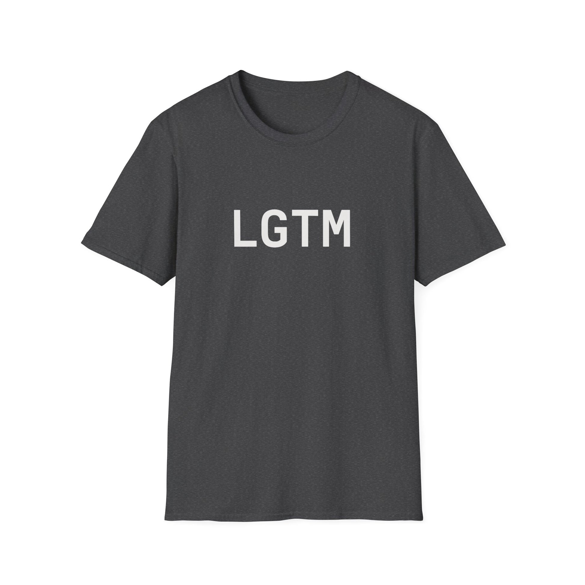 Black t-shirt with 'LGTM' text on a white background