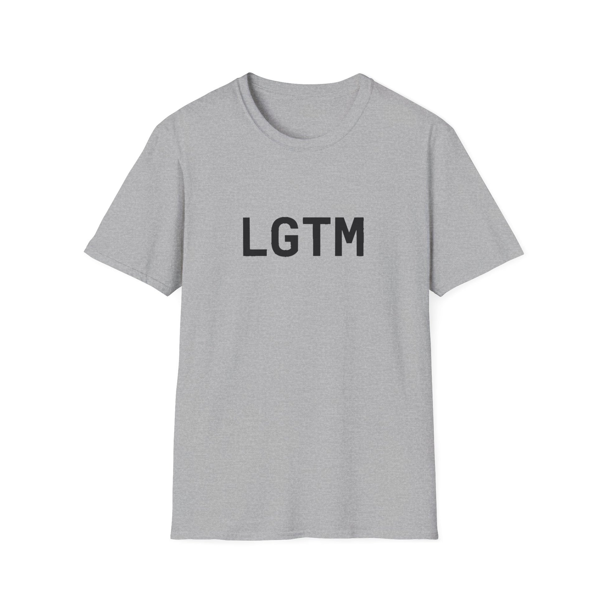 Gray t-shirt with 'LGTM' text on a white background