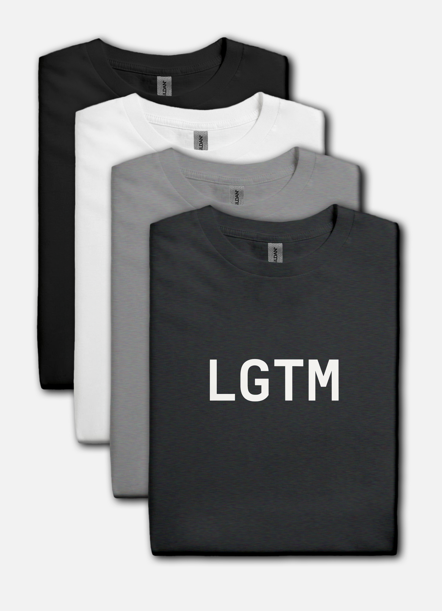 Four folded t-shirts in black, white, and gray with 'LGTM' text on a white background