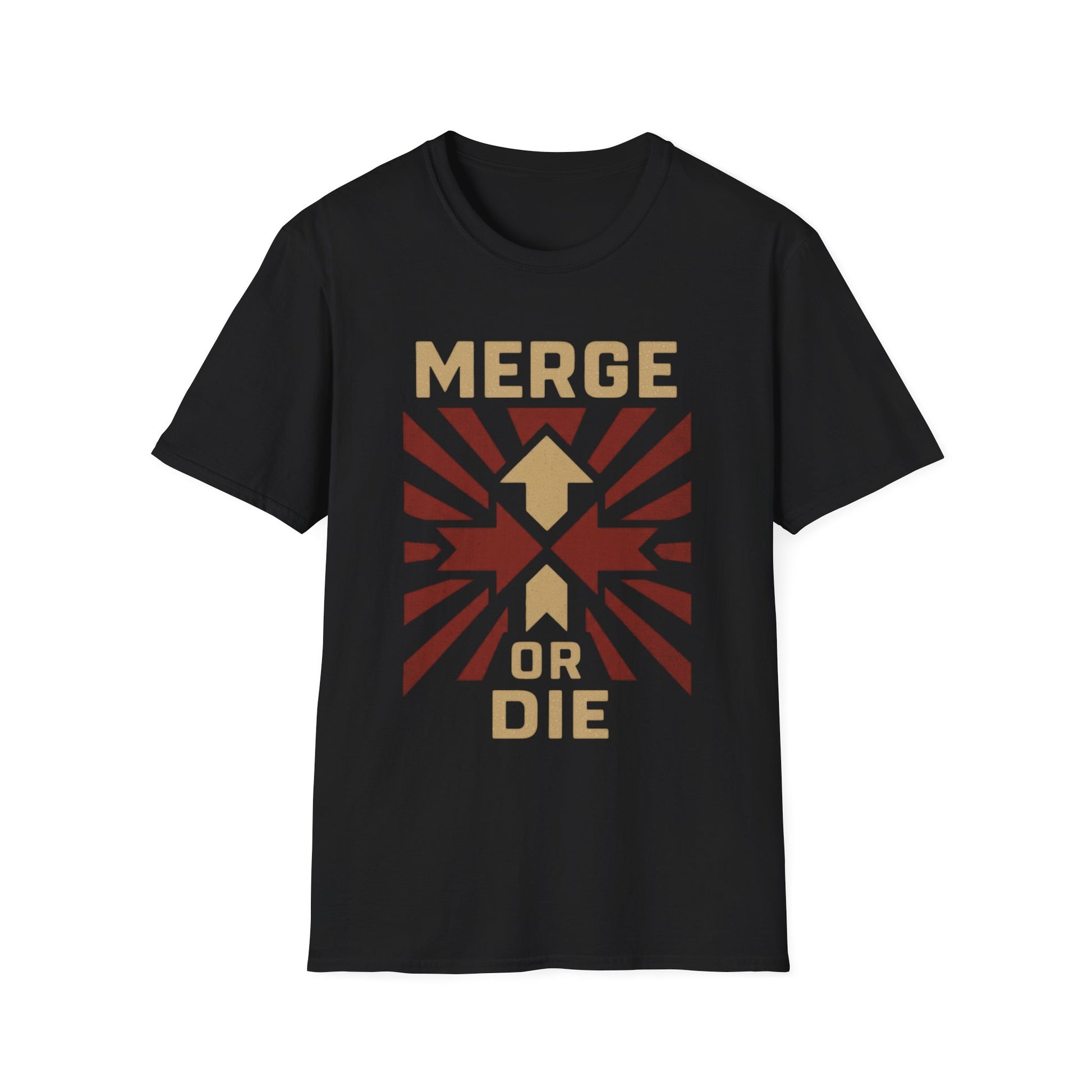 Black t-shirt with 'Merge or Die' graphic design on a white background