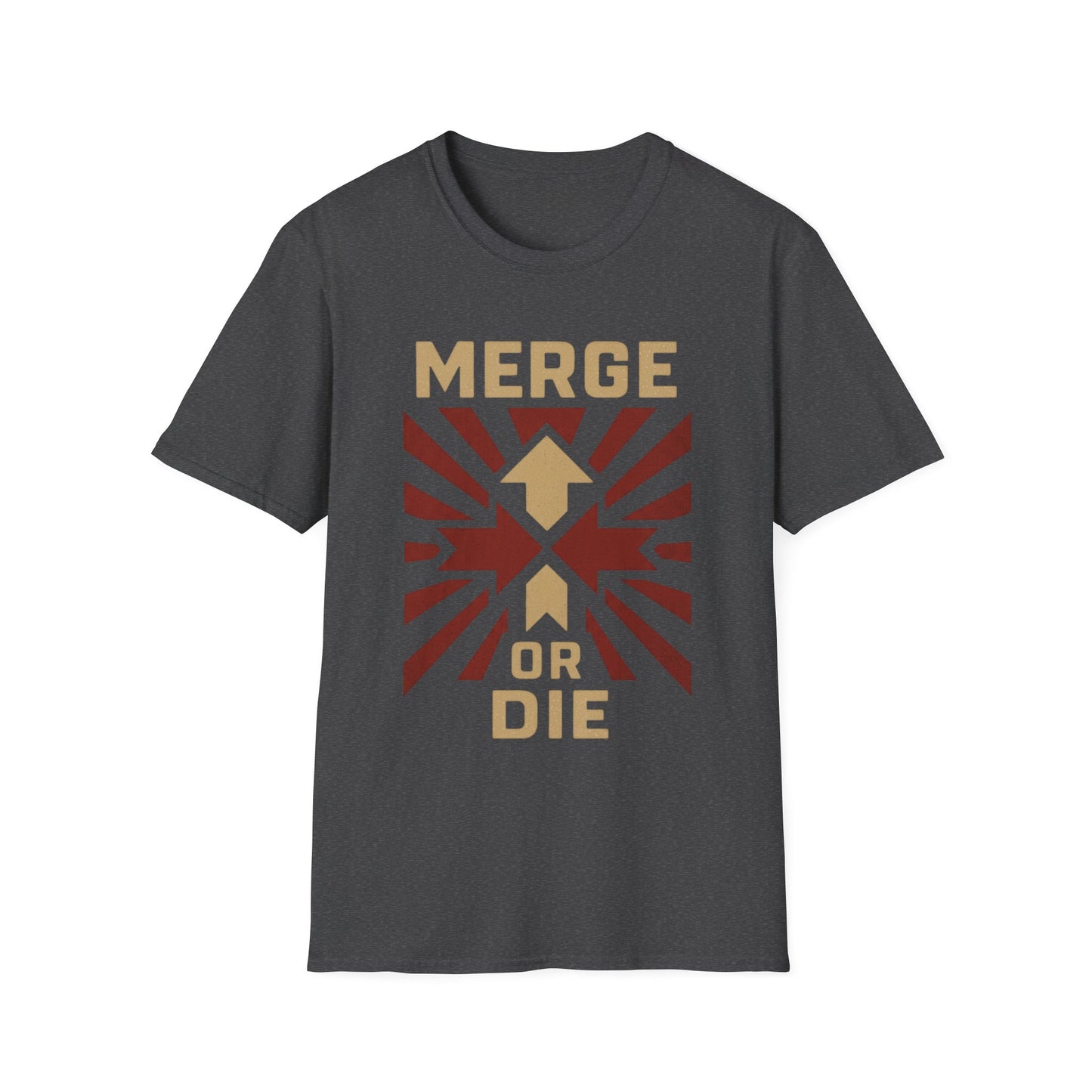 Dark gray t-shirt with 'Merge or Die' graphic design on a white background