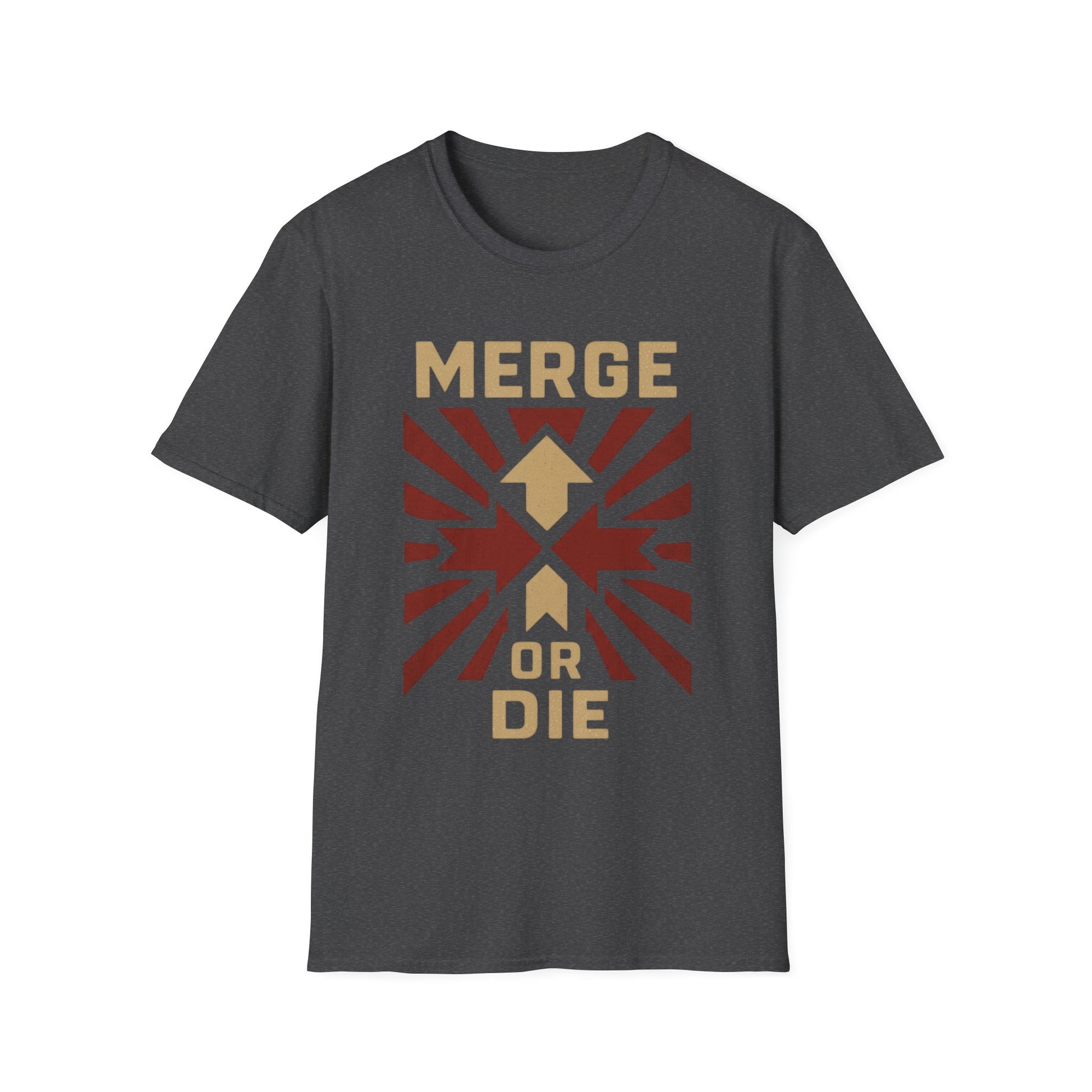 Dark gray t-shirt with 'Merge or Die' graphic design on a white background