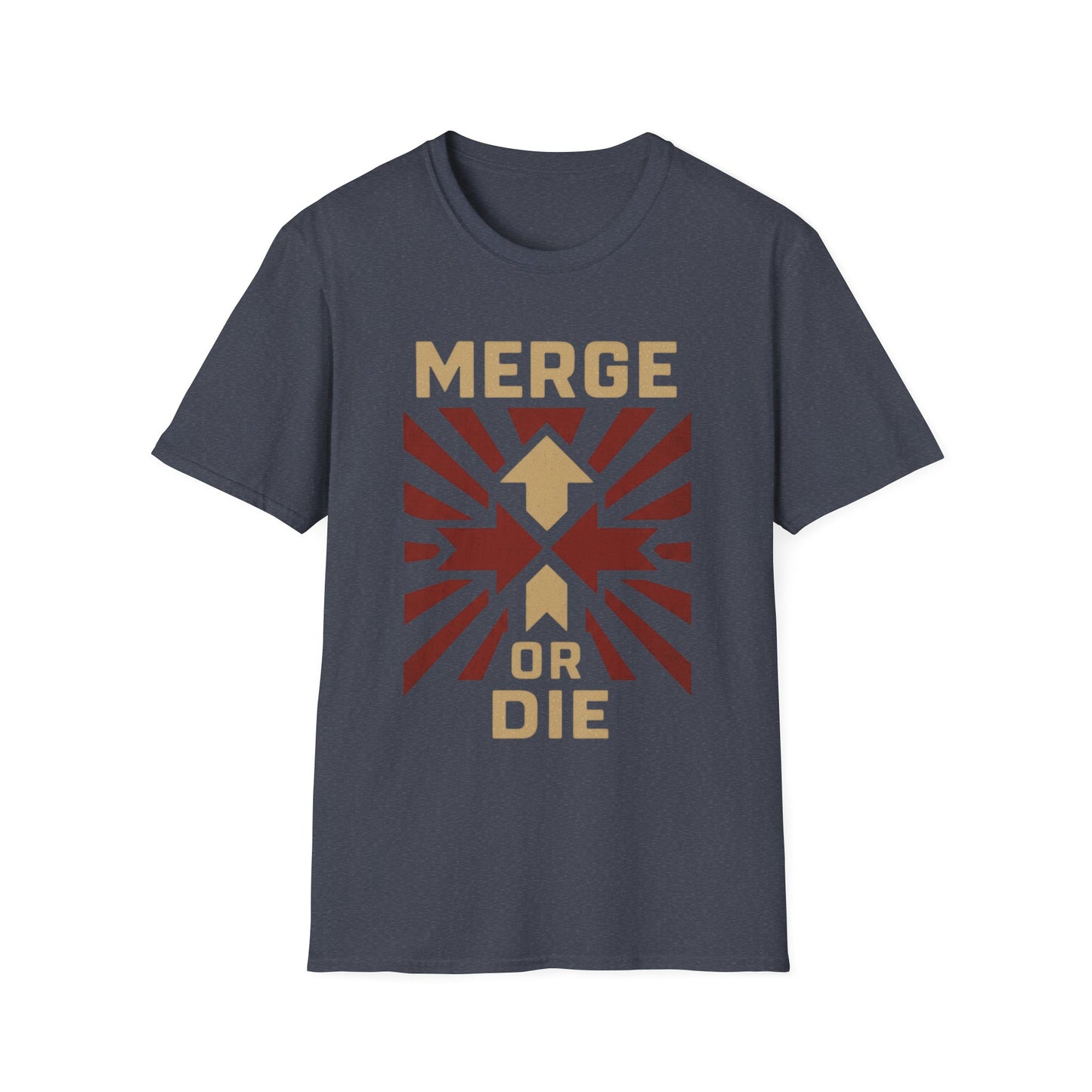 Heather navy t-shirt with 'Merge or Die' graphic design on a white background