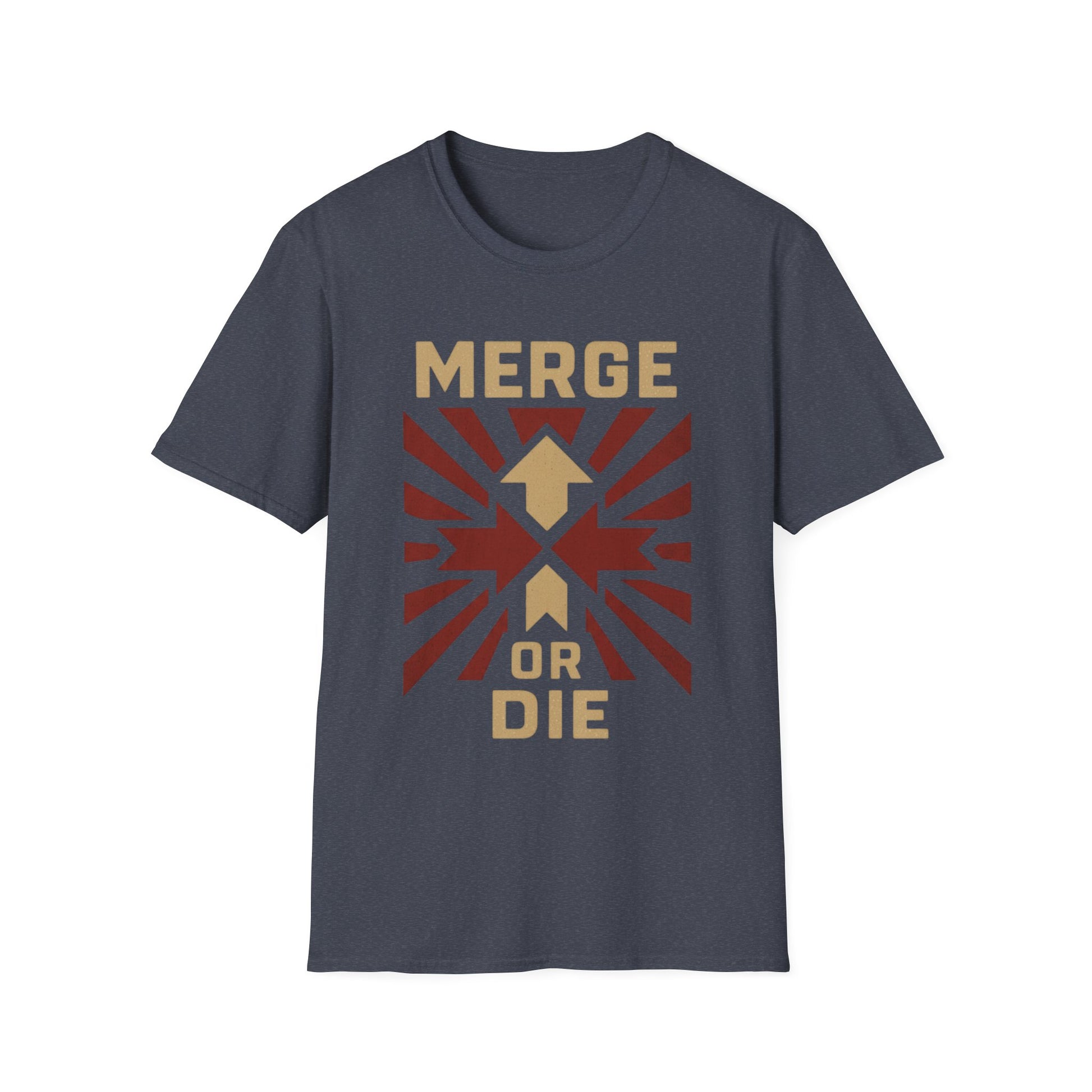 Heather navy t-shirt with 'Merge or Die' graphic design on a white background