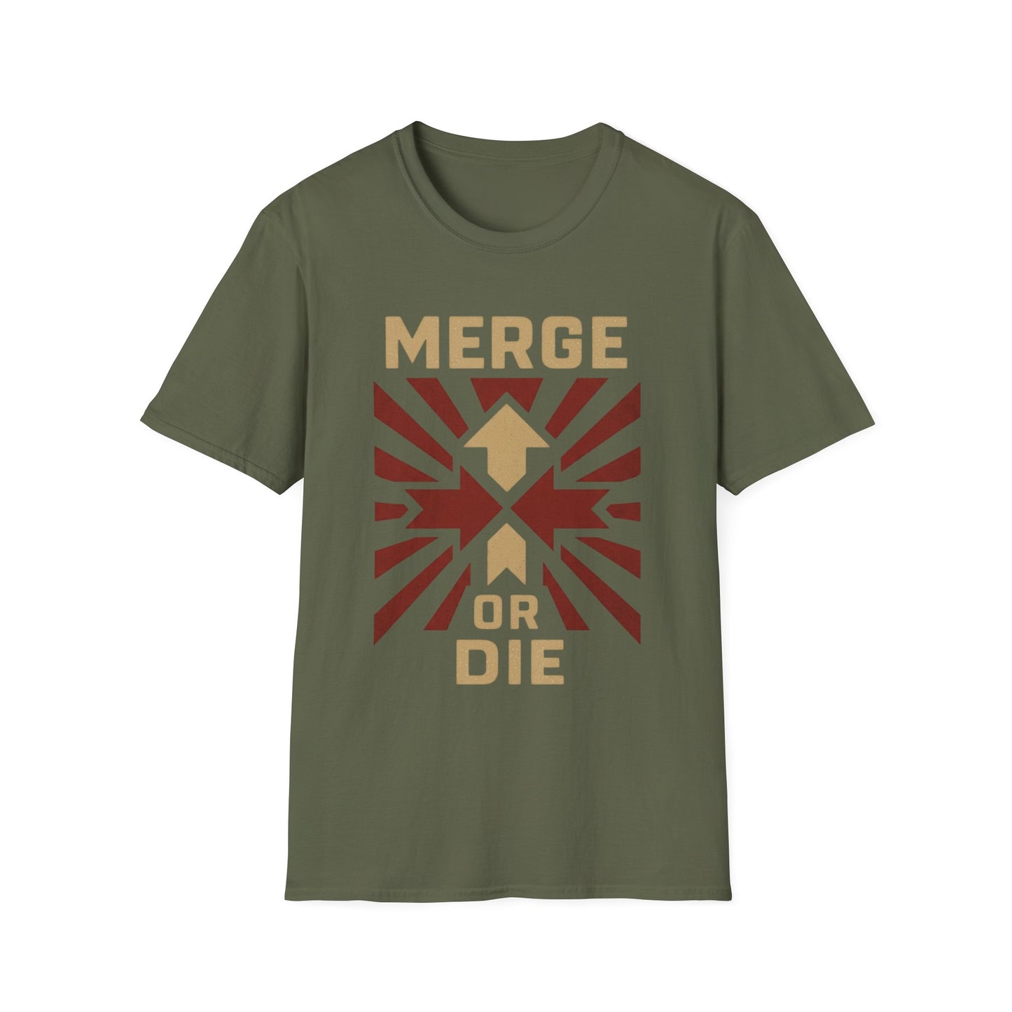Green t-shirt with 'Merge or Die' graphic design on a white background