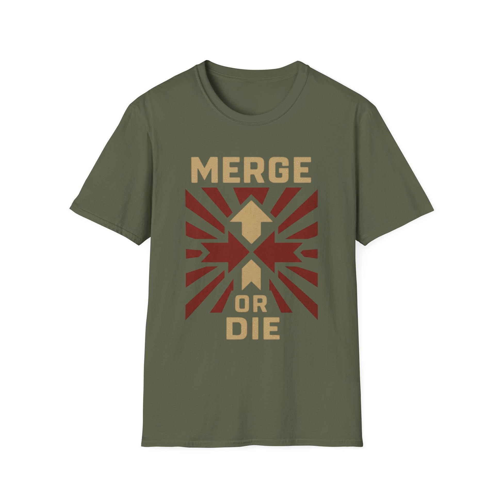 Green t-shirt with 'Merge or Die' graphic design on a white background