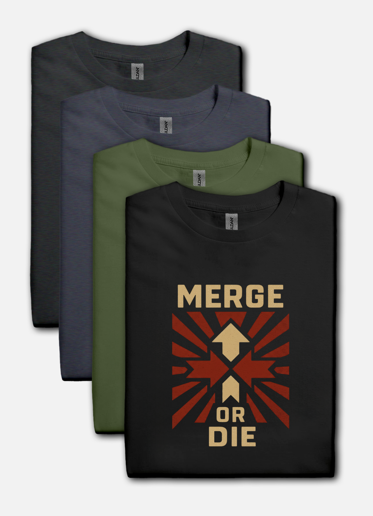 Four folded t-shirts in black, blue, and green with a 'Merge or Die' graphic on a white background.