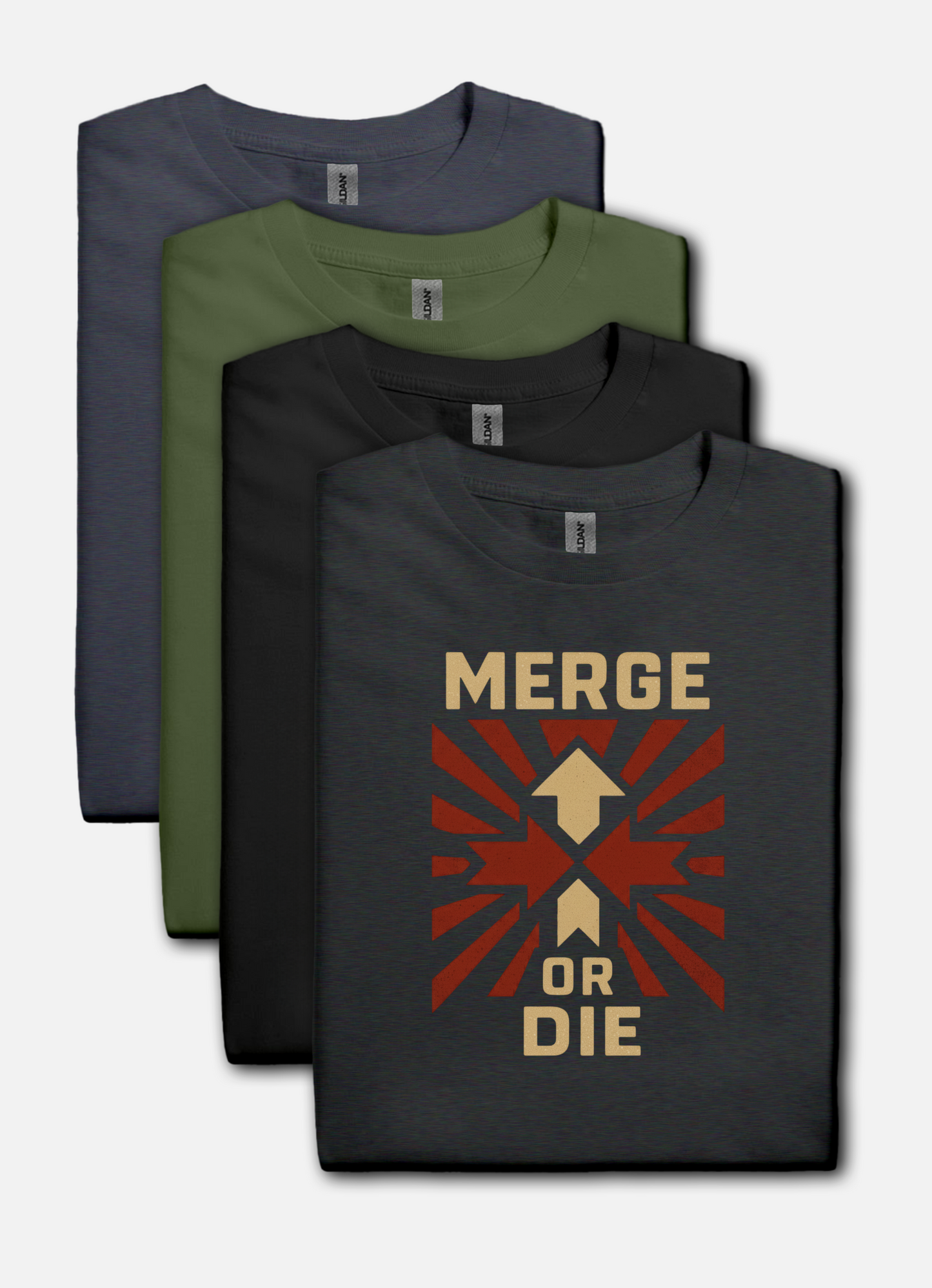 Four t-shirts in different colors with a graphic design and text on a white background