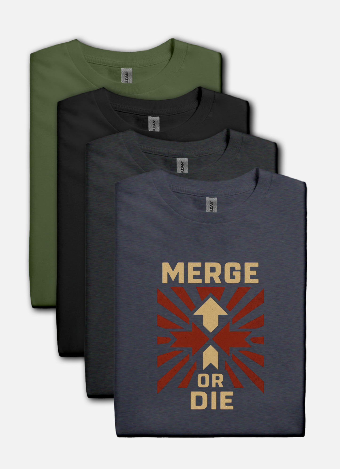 Stack of folded t-shirts with a graphic design and text on a white background