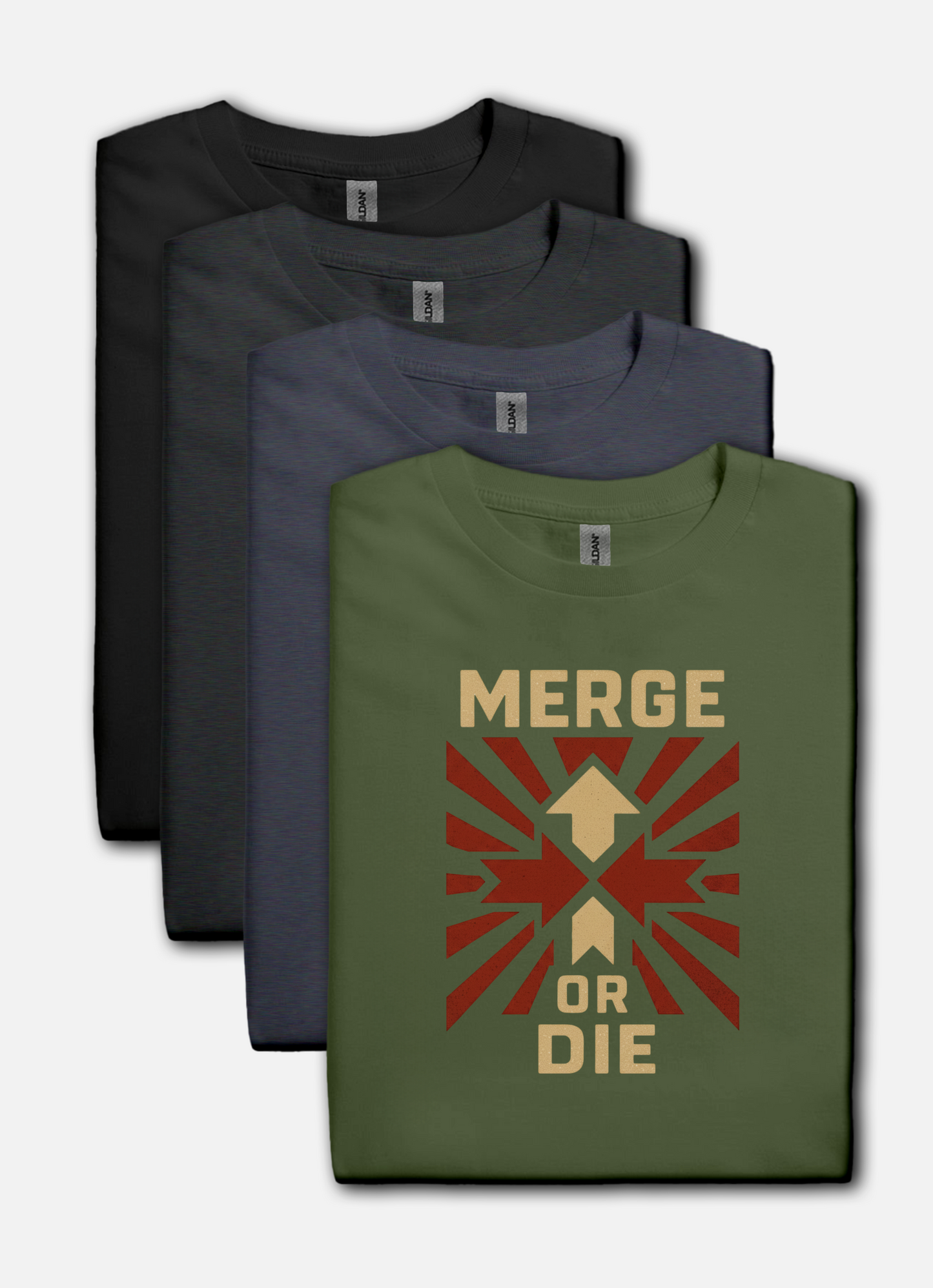 Green t-shirt with 'Merge or Die' design and three other t-shirts stacked behind it.