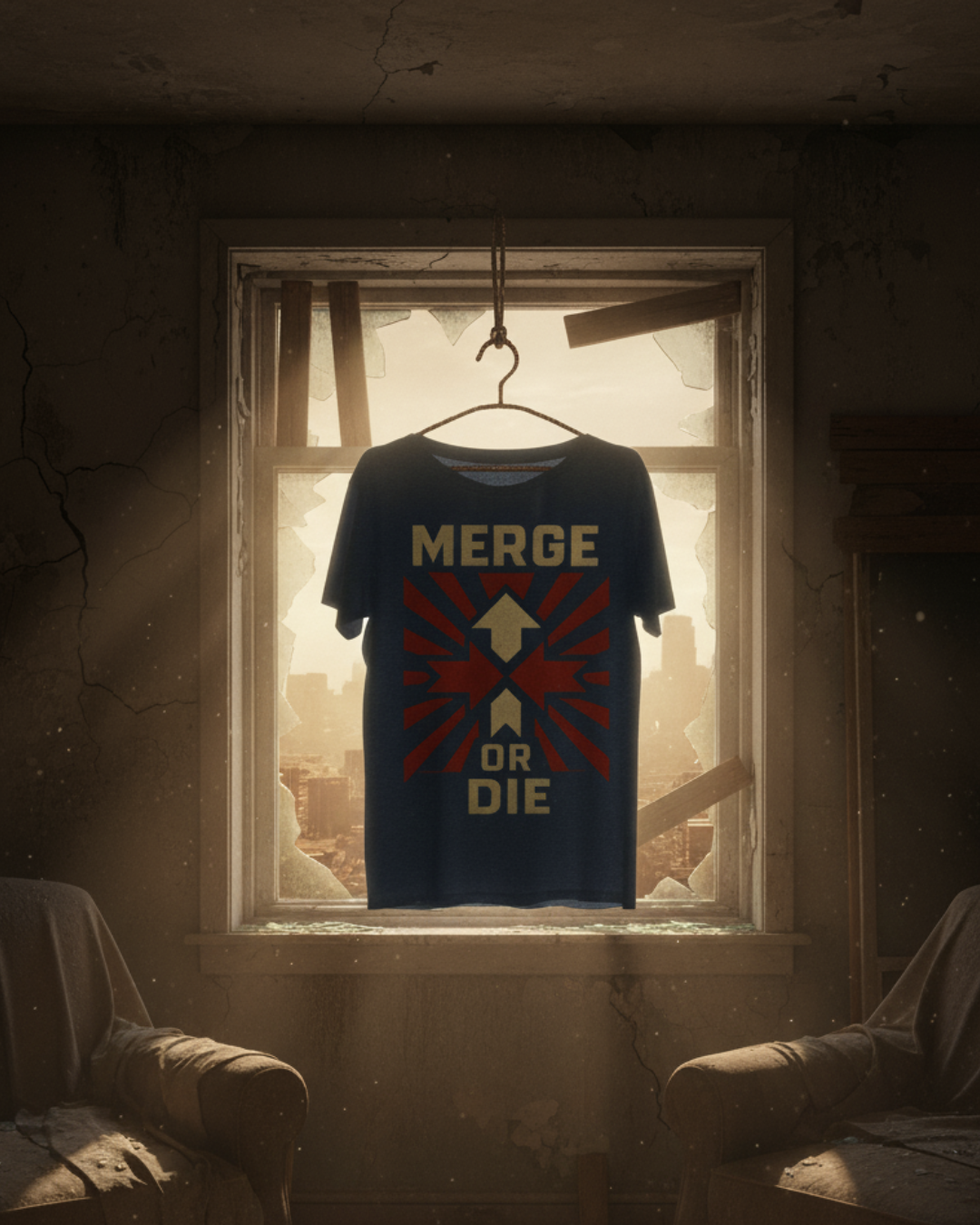 T-shirt with 'Merge or Die' design hanging in a window with a dystopian view.