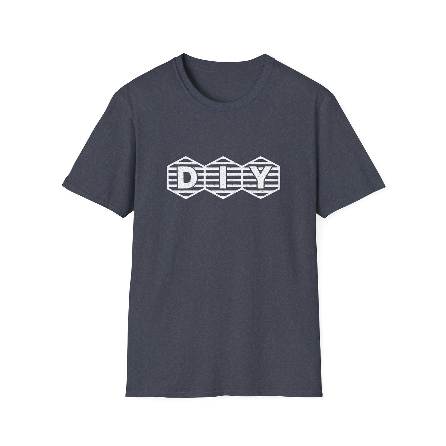 Heather navy t-shirt with print showing “DIY” inside three hex-shaped badges with horizontal stripes; clean retro maker logo.