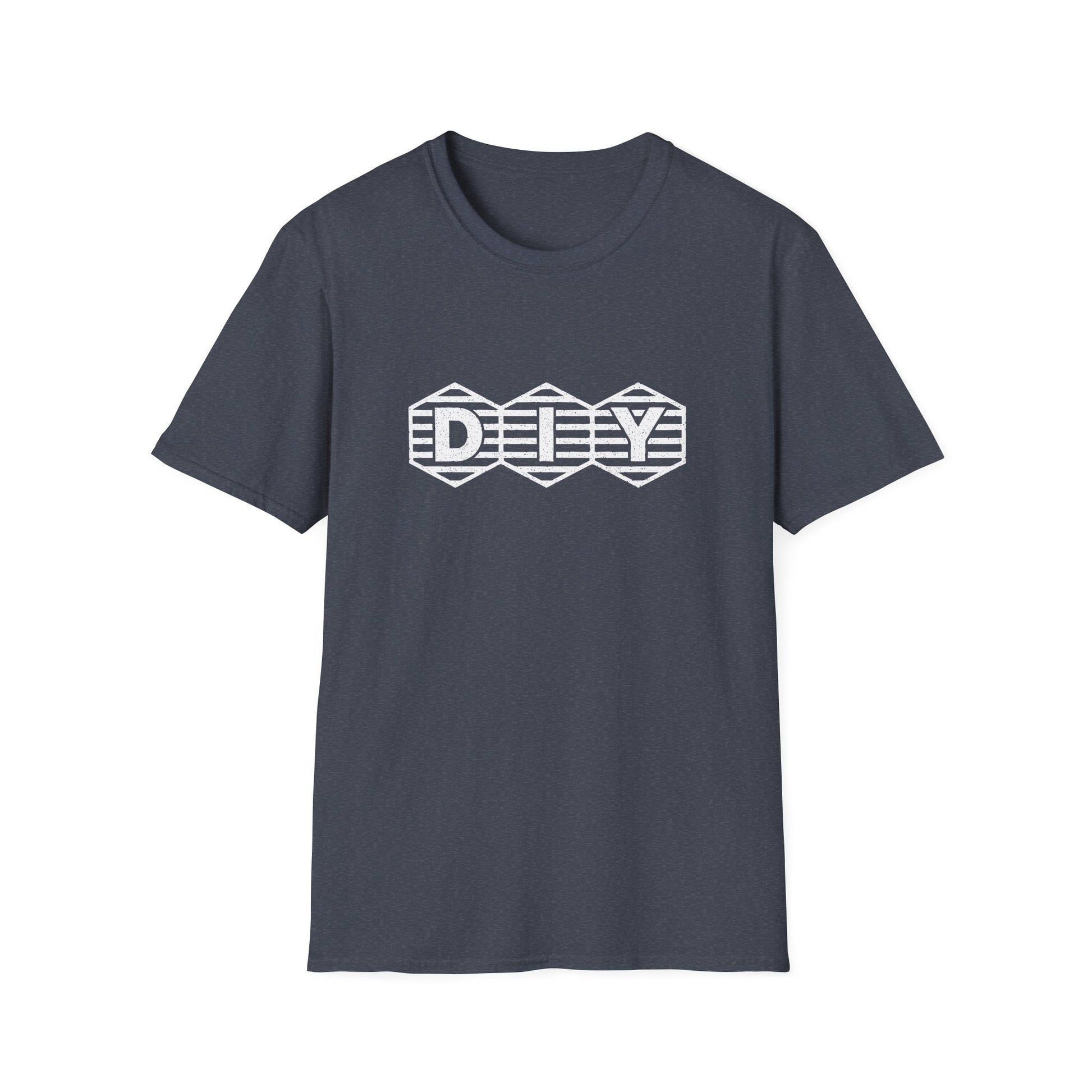 Heather navy t-shirt with print showing “DIY” inside three hex-shaped badges with horizontal stripes; clean retro maker logo.