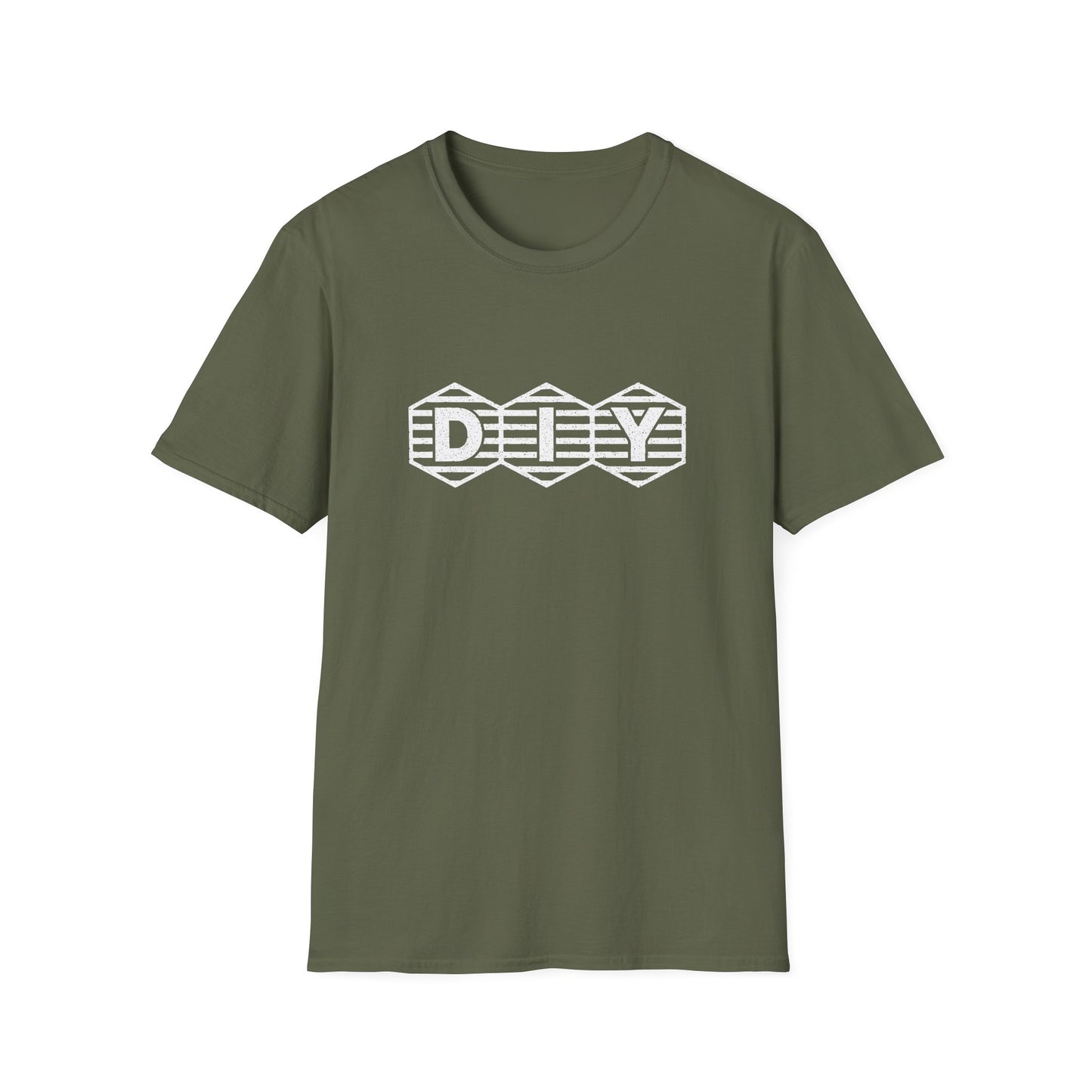 Military green t-shirt with print showing “DIY” inside three hex-shaped badges with horizontal stripes; clean retro maker logo.