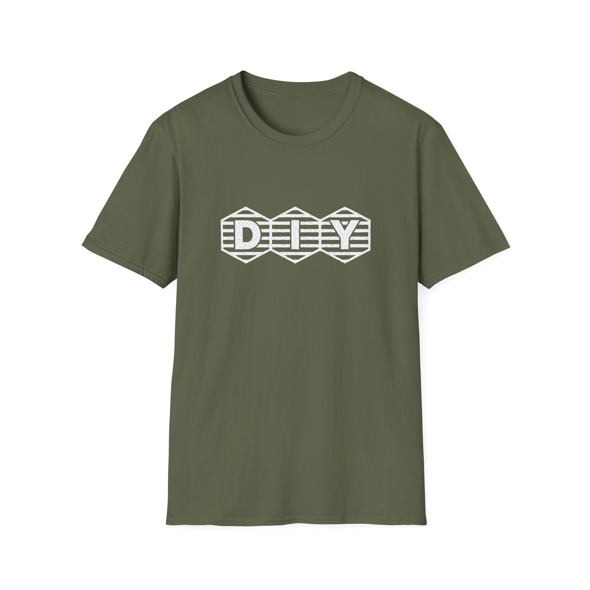 Military green t-shirt with print showing “DIY” inside three hex-shaped badges with horizontal stripes; clean retro maker logo.