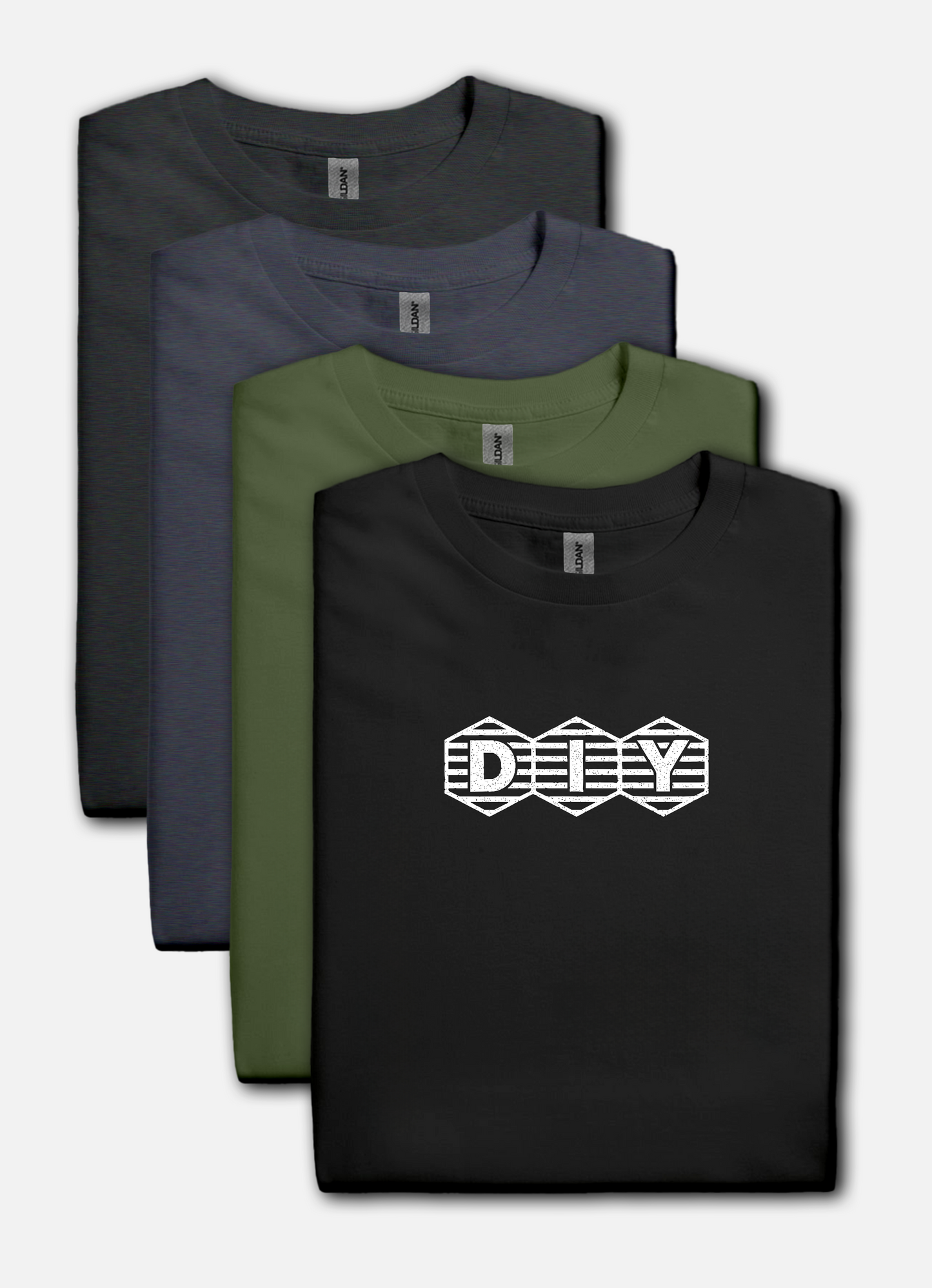 Black t-shirt with print showing “DIY” inside three hex-shaped badges with horizontal stripes; clean retro maker logo.