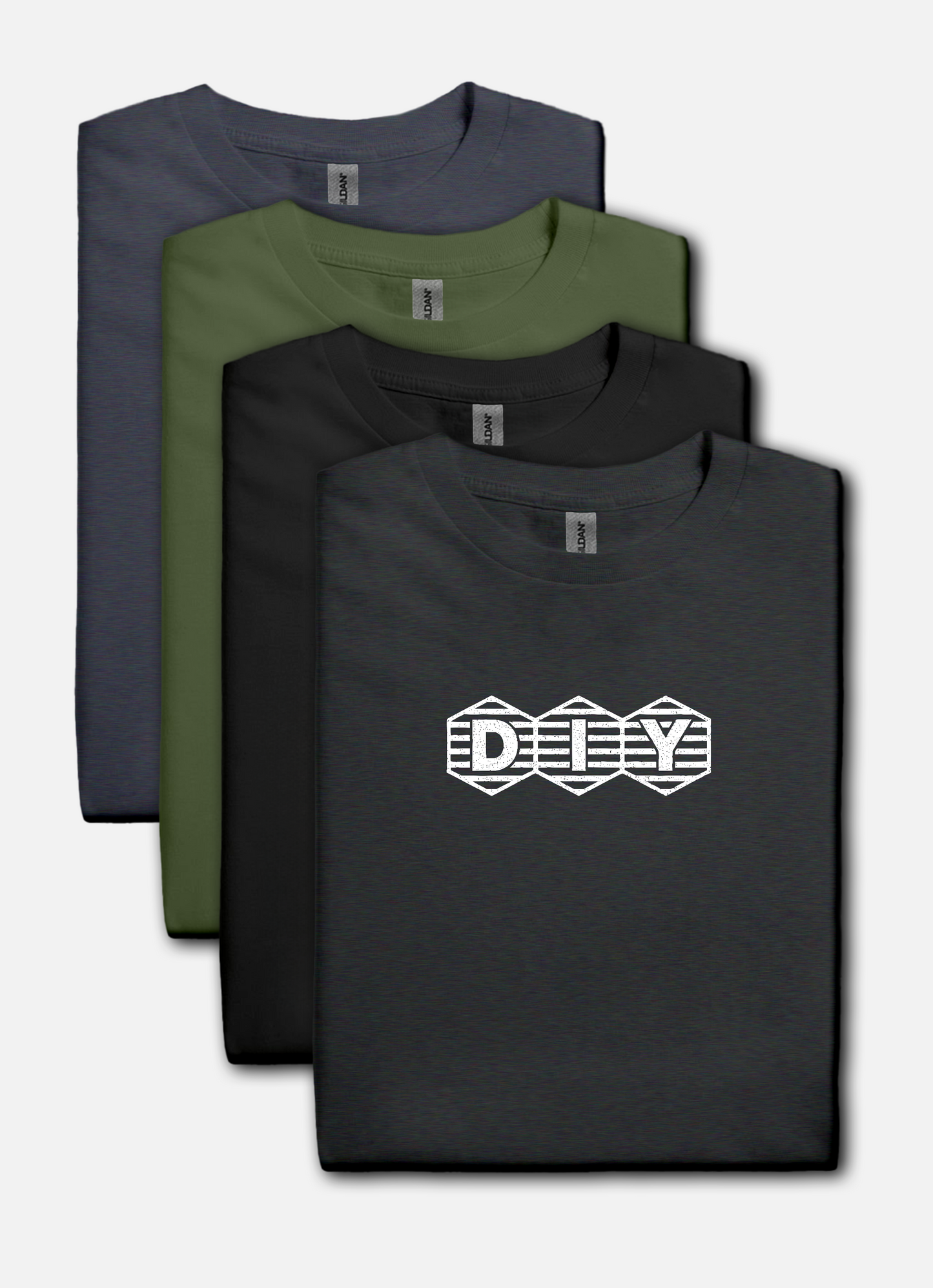 Dark heather t-shirt with print showing “DIY” inside three hex-shaped badges with horizontal stripes; clean retro maker logo.
