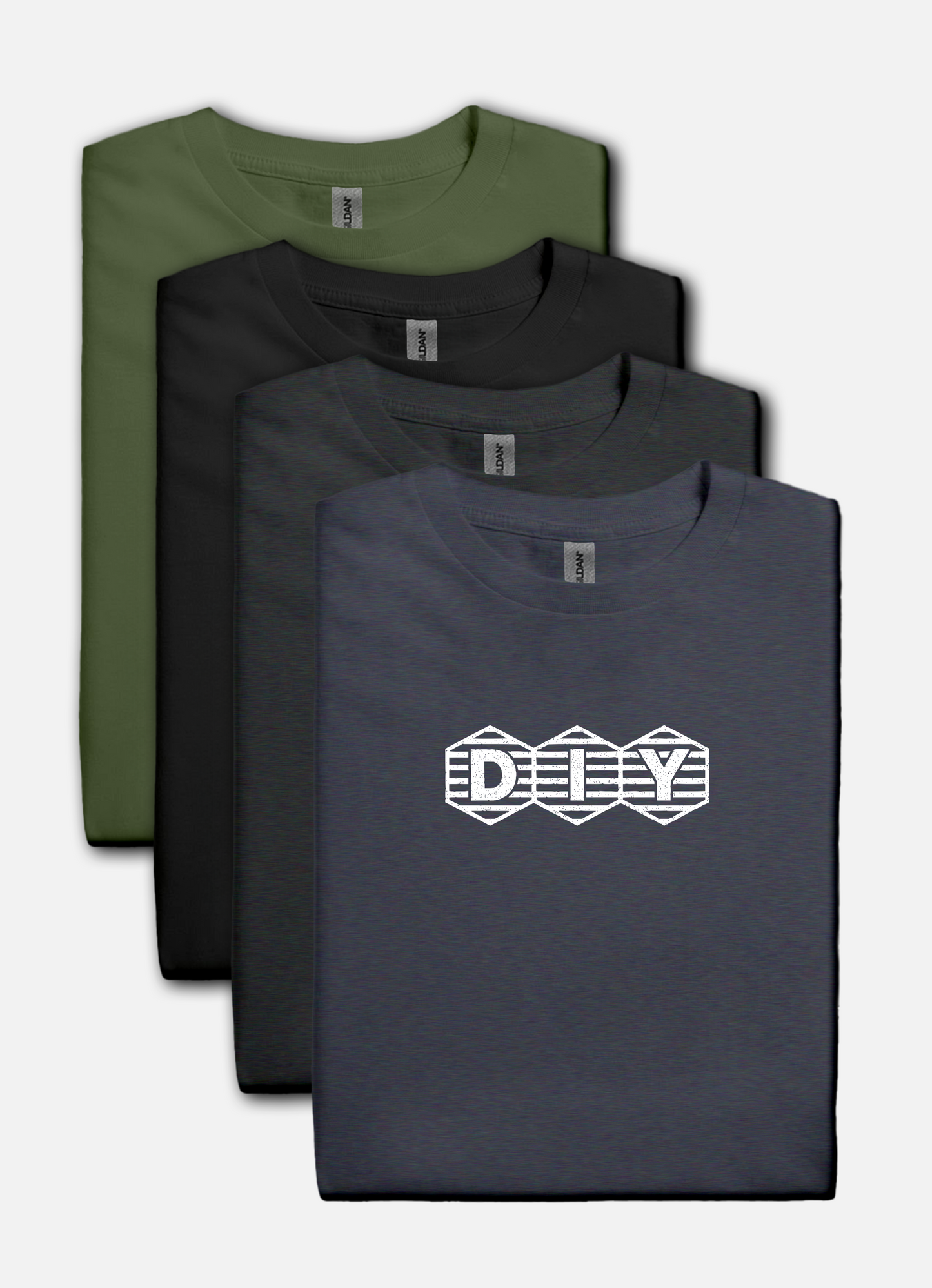 Heather navy t-shirt with print showing “DIY” inside three hex-shaped badges with horizontal stripes; clean retro maker logo.
