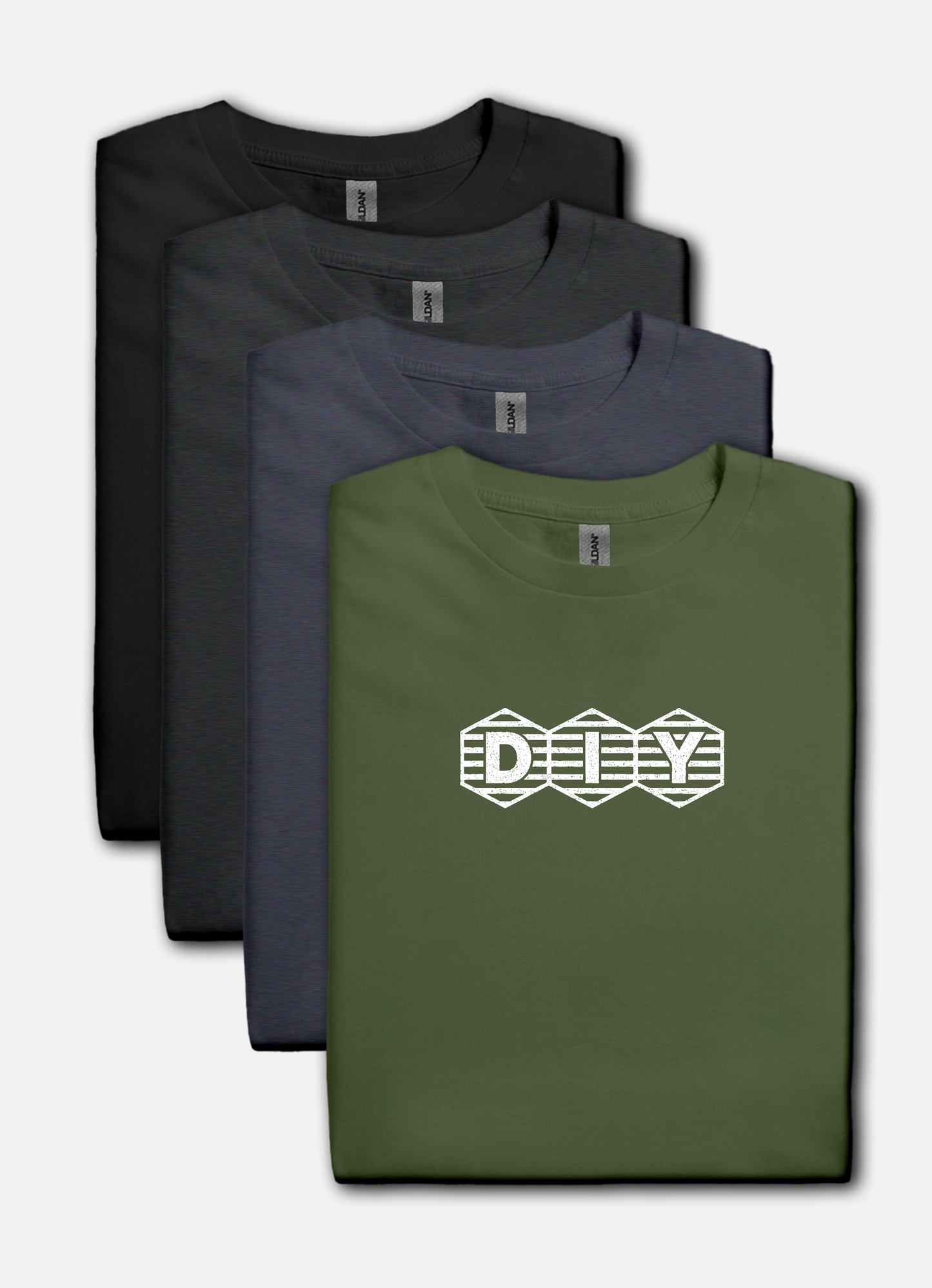 Military green t-shirt with print showing “DIY” inside three hex-shaped badges with horizontal stripes; clean retro maker logo.
