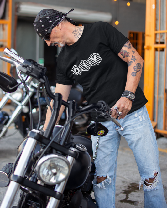 Black t-shirt with print showing “DIY” inside three hex-shaped badges with horizontal stripes; clean retro maker logo.