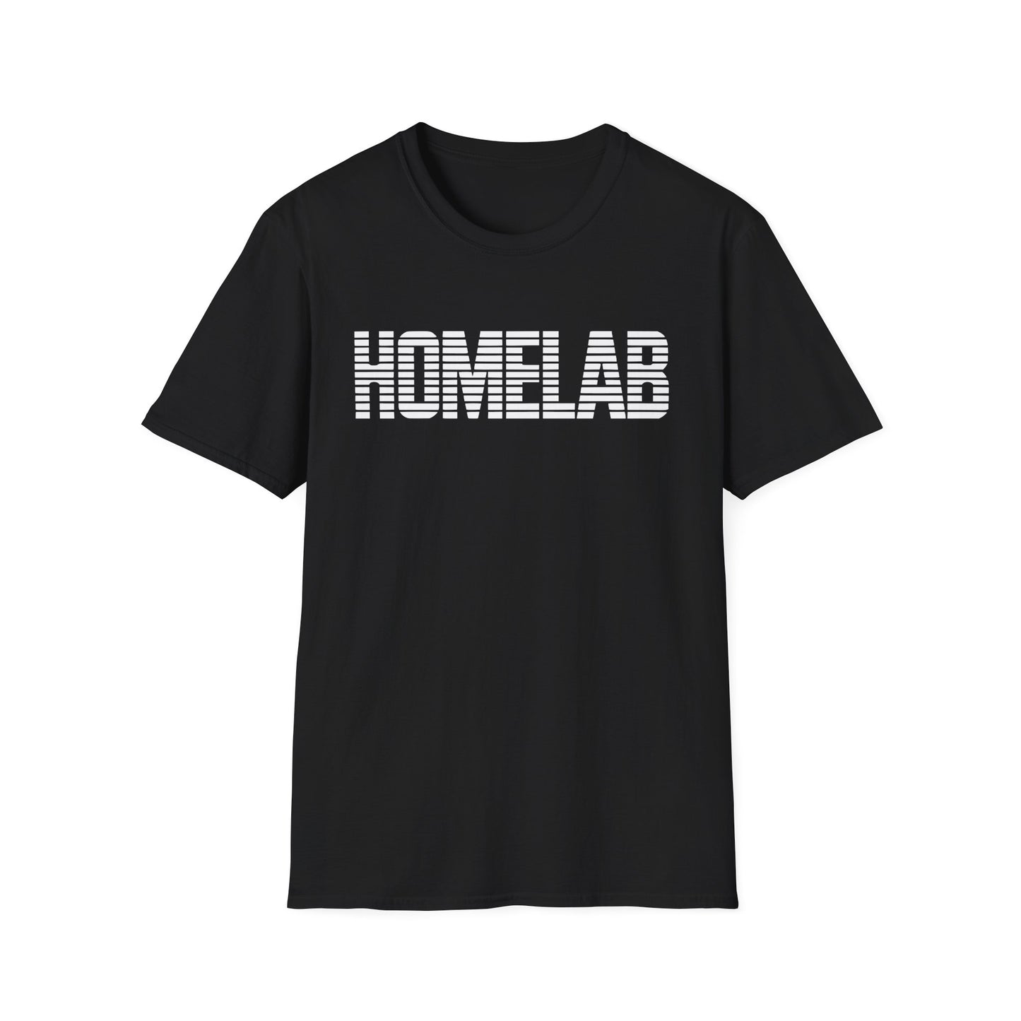 Black t-shirt laid flat featuring a bold white “HOMELAB” wordmark with horizontal stripe/scanline effect; retro computer aesthetic with soft natural shadows.