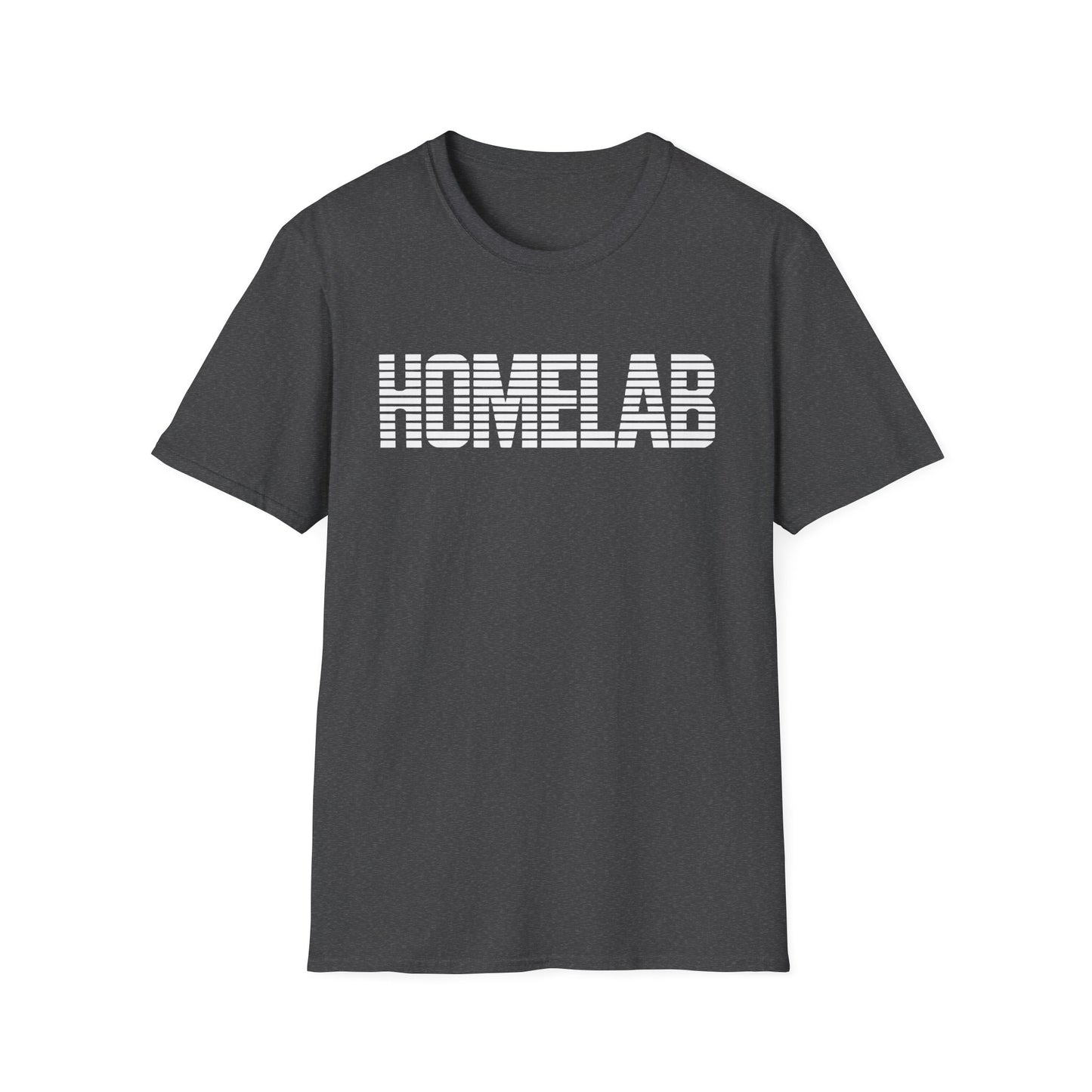 Dark Heather t-shirt laid flat featuring a bold white “HOMELAB” wordmark with horizontal stripe/scanline effect; retro computer aesthetic with soft natural shadows.