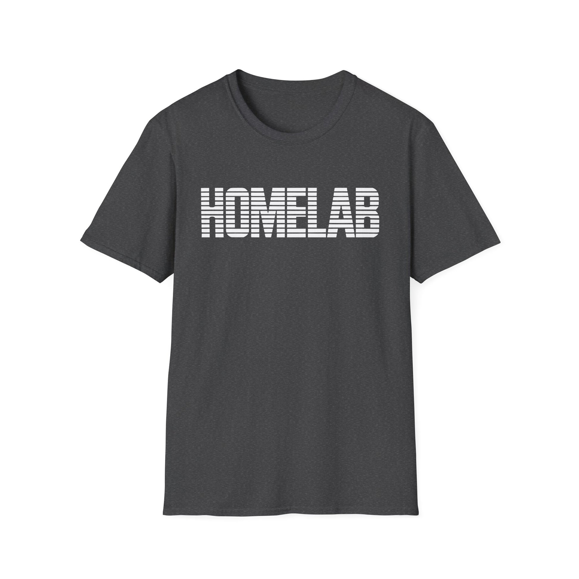 Dark Heather t-shirt laid flat featuring a bold white “HOMELAB” wordmark with horizontal stripe/scanline effect; retro computer aesthetic with soft natural shadows.