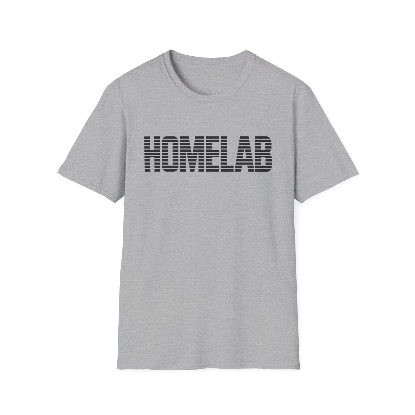 Sport gray t-shirt laid flat featuring a bold black “HOMELAB” wordmark with horizontal stripe/scanline effect; retro computer aesthetic with soft natural shadows.