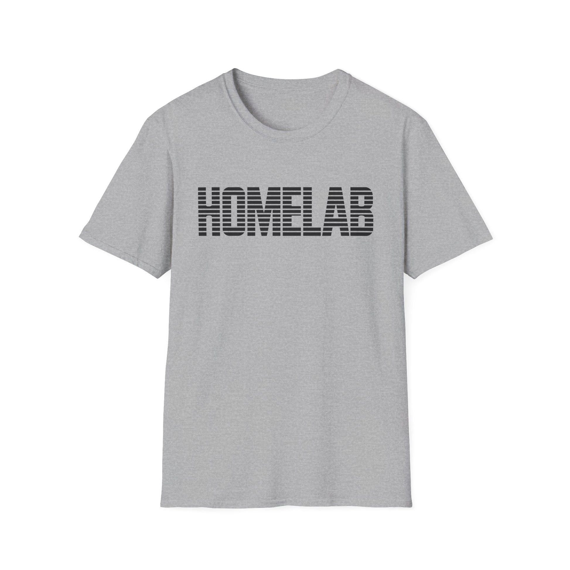 Sport gray t-shirt laid flat featuring a bold black “HOMELAB” wordmark with horizontal stripe/scanline effect; retro computer aesthetic with soft natural shadows.