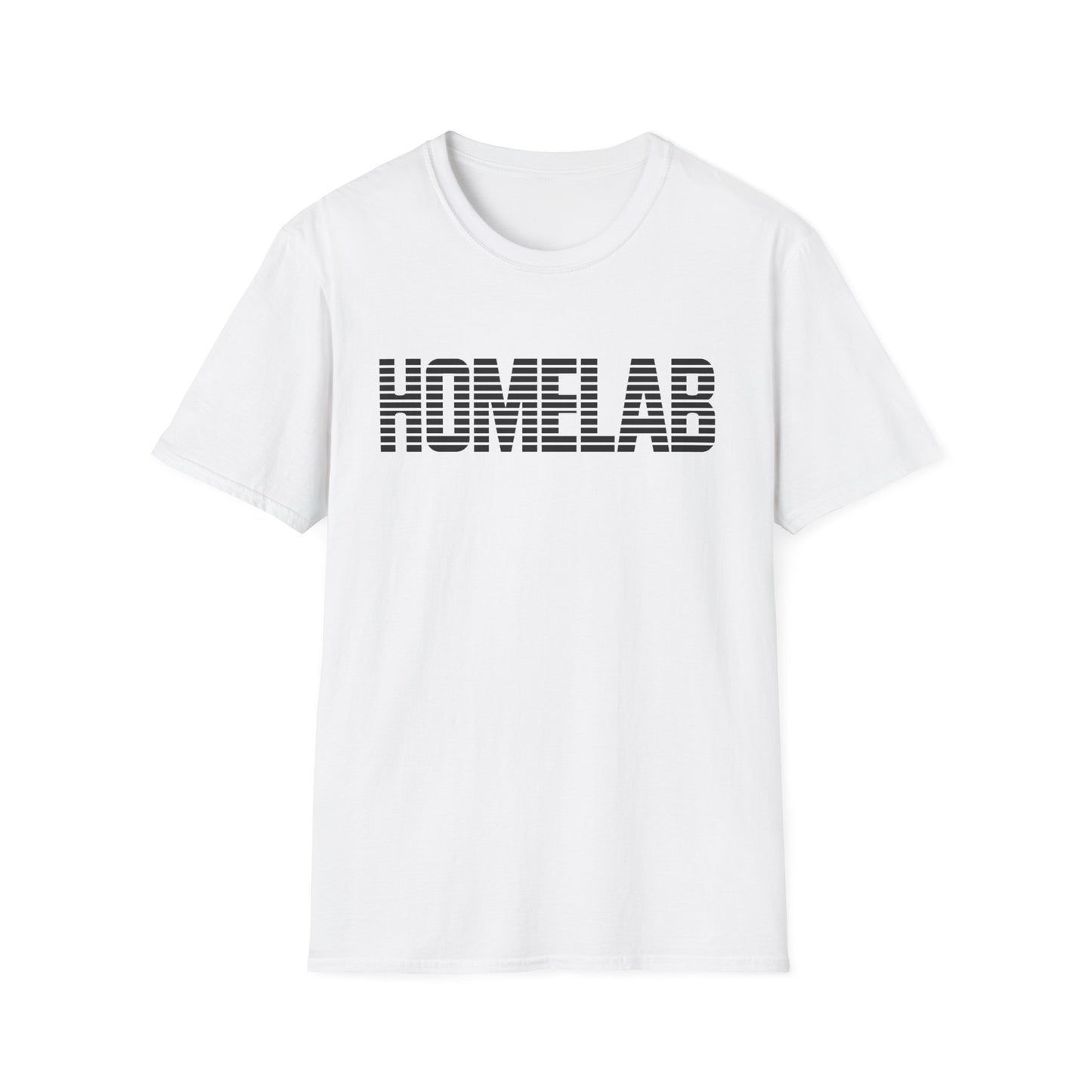 White t-shirt laid flat featuring a bold black “HOMELAB” wordmark with horizontal stripe/scanline effect; retro computer aesthetic with soft natural shadows.