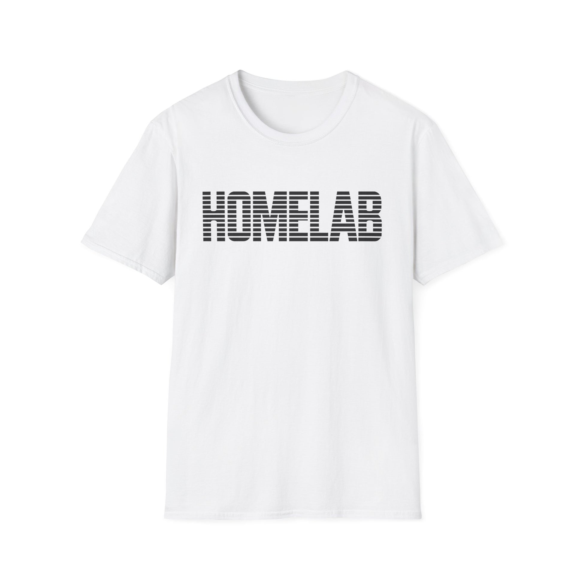 White t-shirt laid flat featuring a bold black “HOMELAB” wordmark with horizontal stripe/scanline effect; retro computer aesthetic with soft natural shadows.