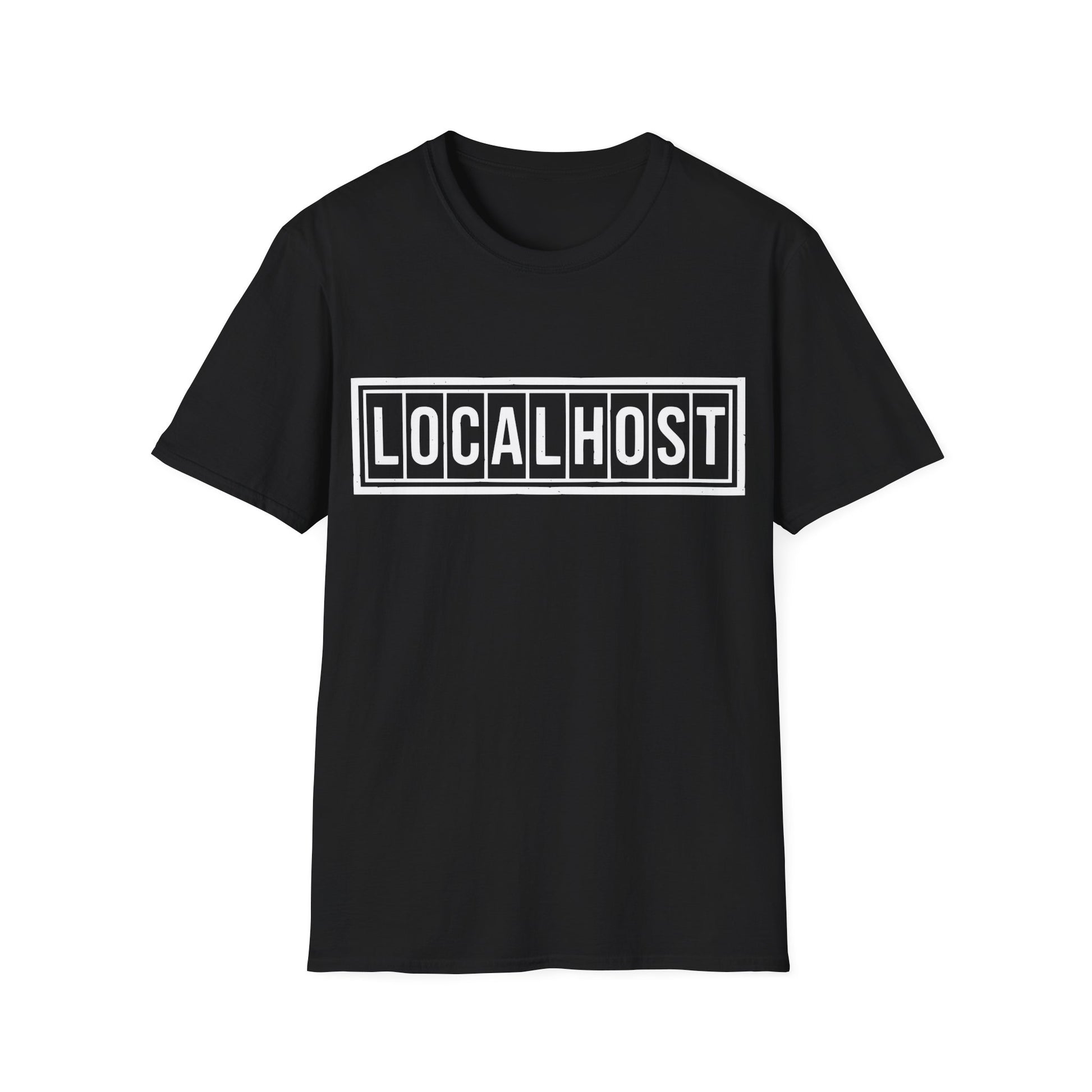 Black tshirt with a white LOCALHOST box-logo styled like a vintage industrial label.