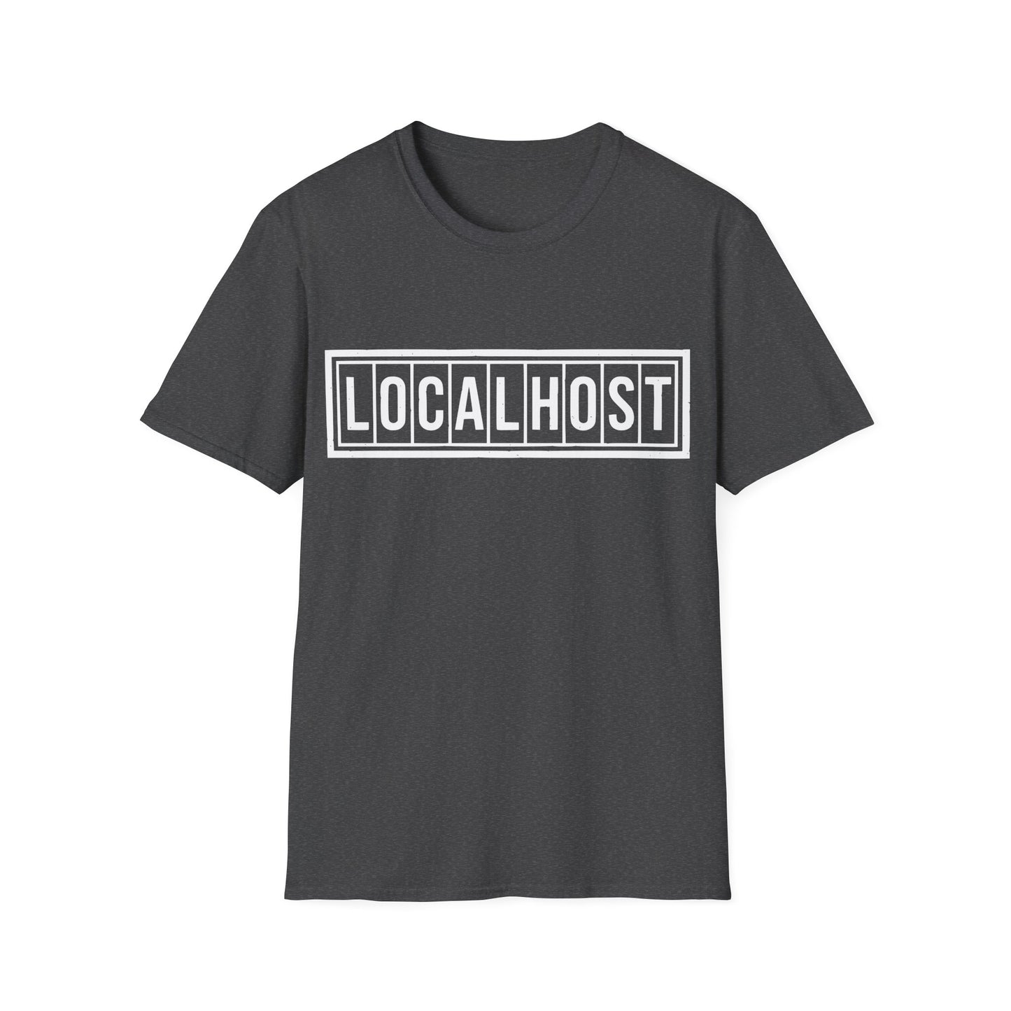 Dark heather tshirt with a white LOCALHOST box-logo styled like a vintage industrial label.