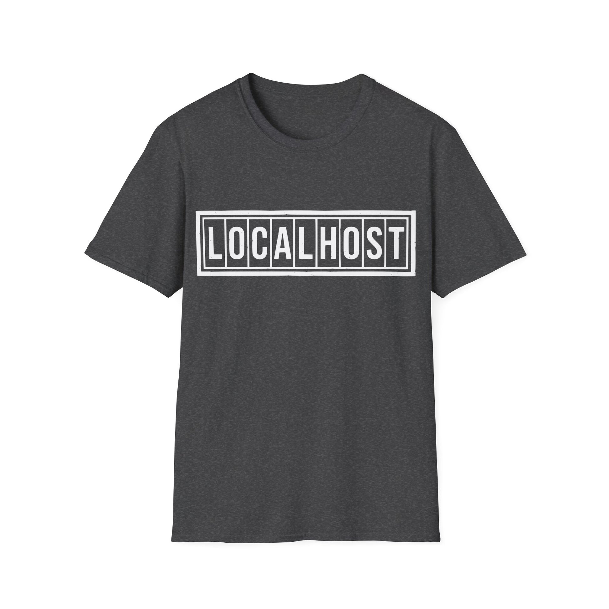 Dark heather tshirt with a white LOCALHOST box-logo styled like a vintage industrial label.