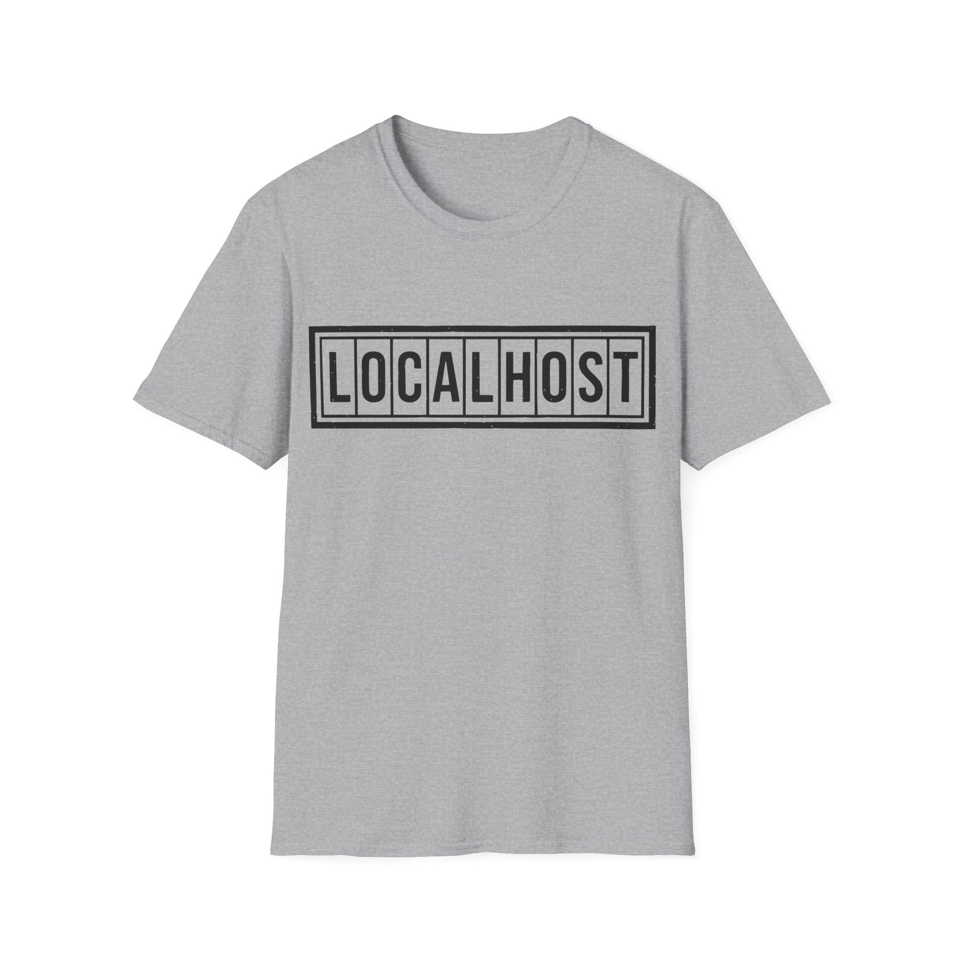 Sport gray tshirt with a black LOCALHOST box-logo styled like a vintage industrial label.