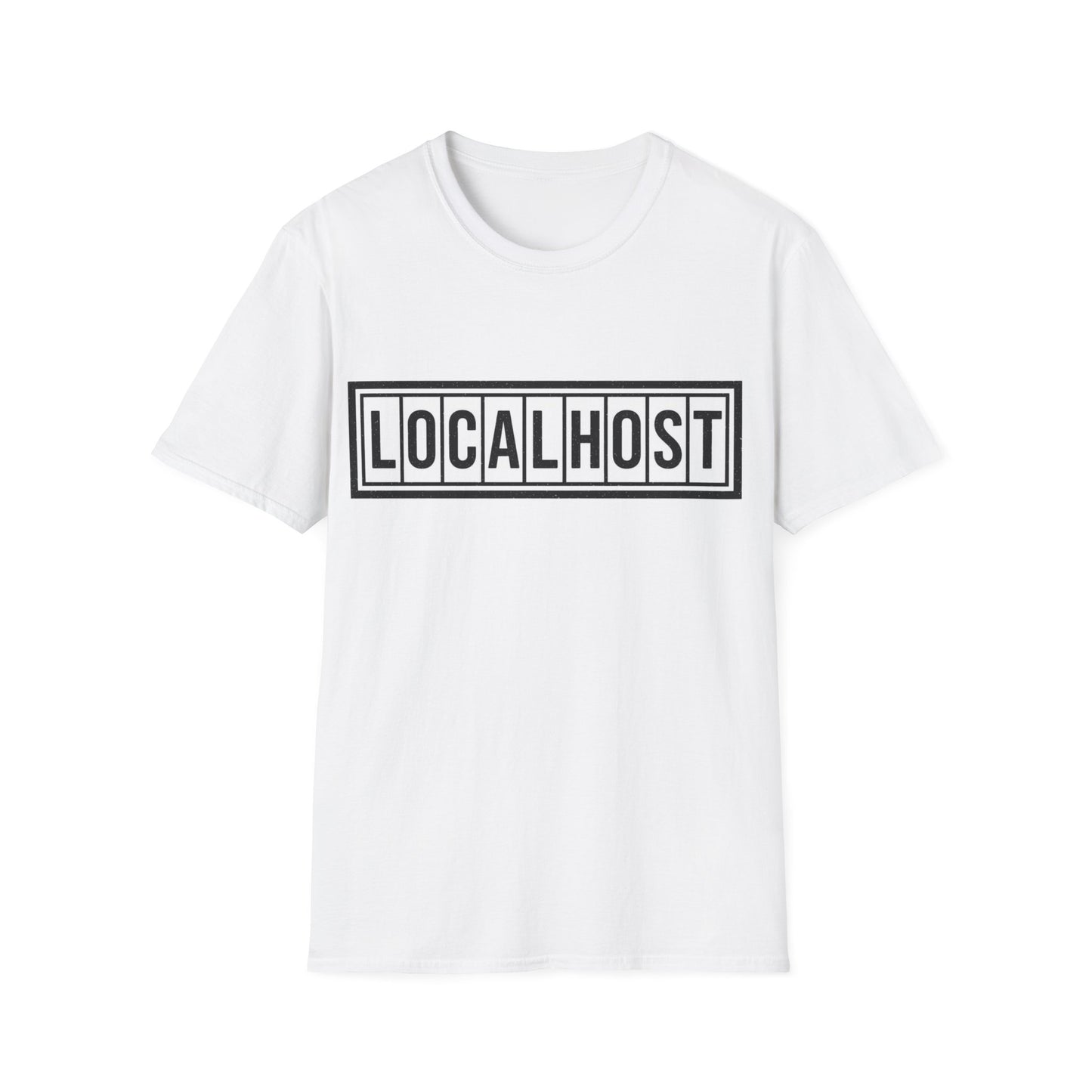 White tshirt with a black LOCALHOST box-logo styled like a vintage industrial label.