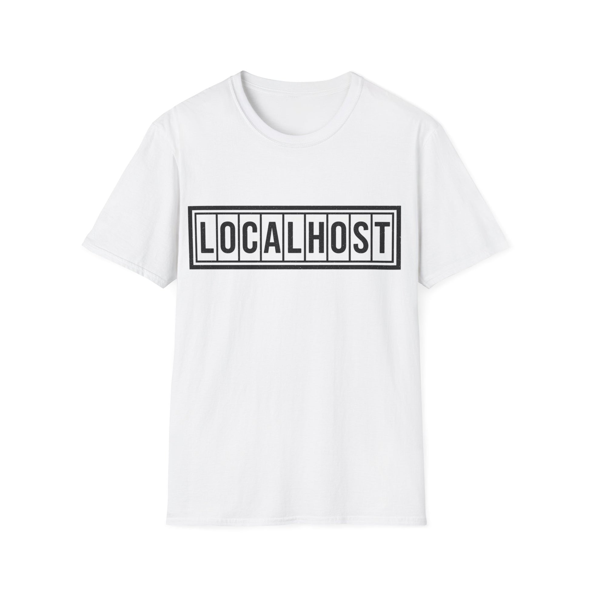 White tshirt with a black LOCALHOST box-logo styled like a vintage industrial label.