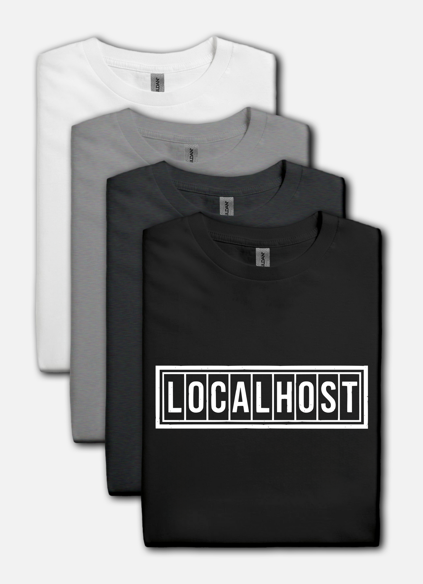Black tshirt with a white LOCALHOST box-logo styled like a vintage industrial label.