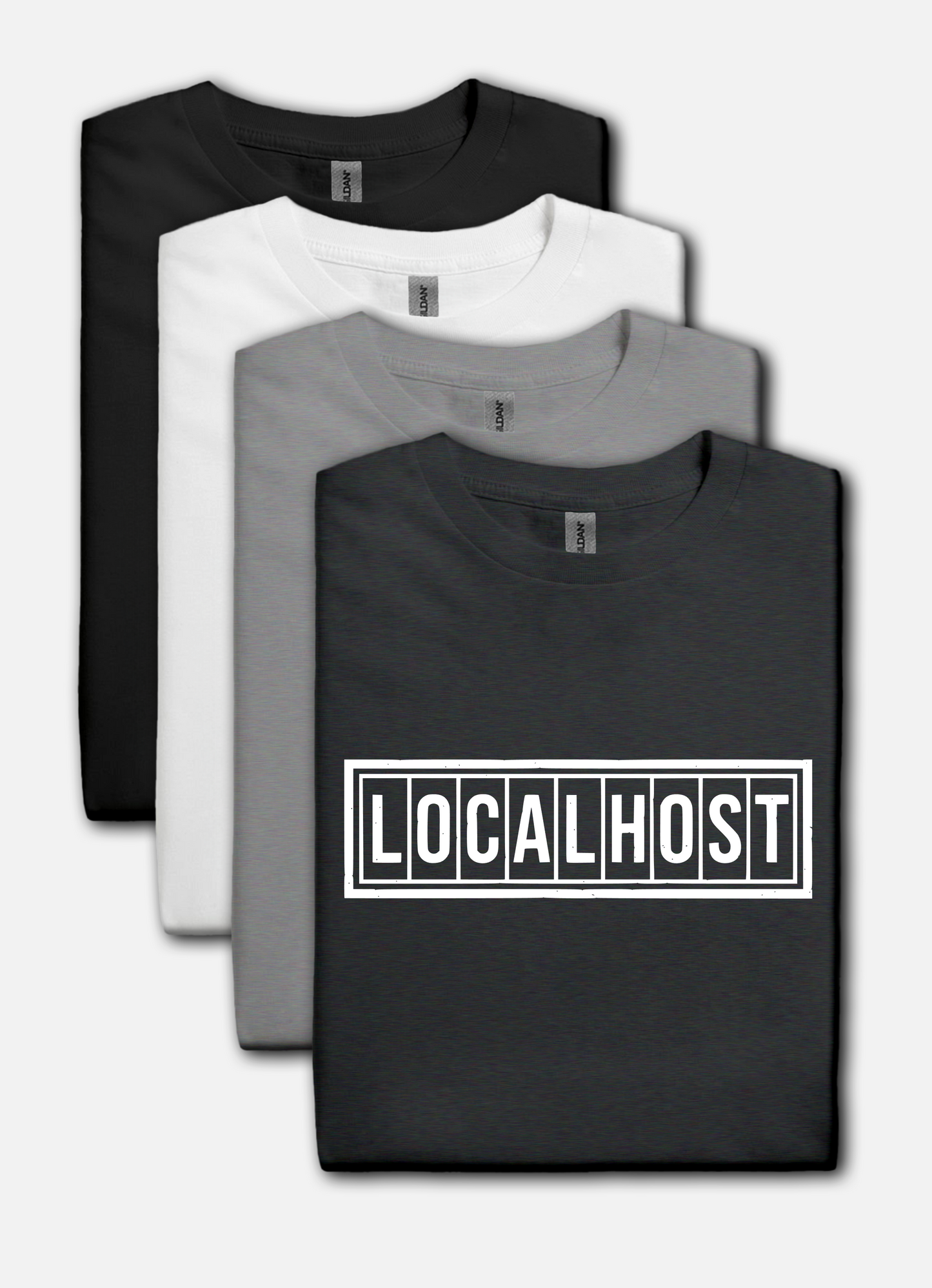 Dark heather tshirt with a white LOCALHOST box-logo styled like a vintage industrial label.