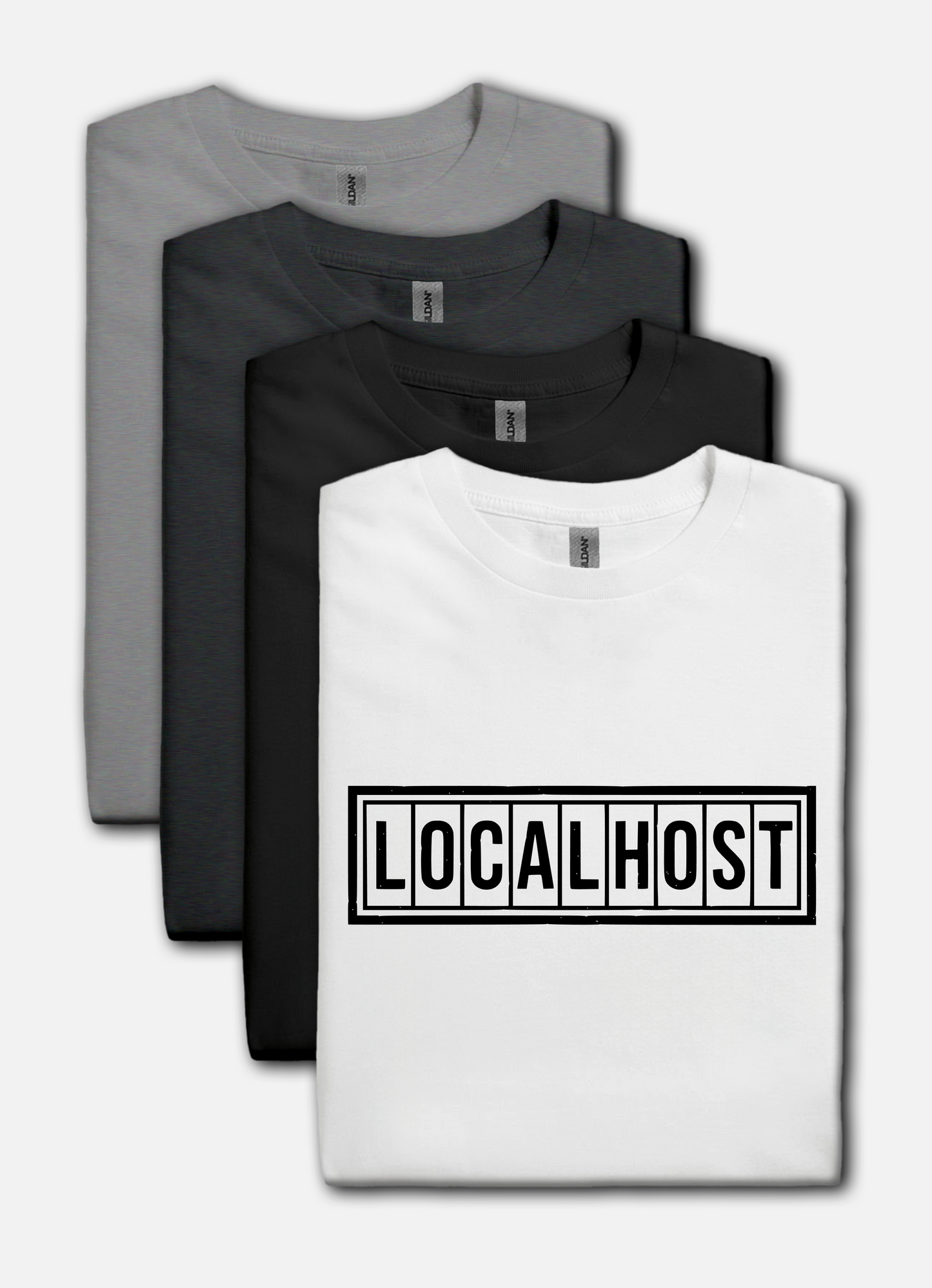 White tshirt with a black LOCALHOST box-logo styled like a vintage industrial label.