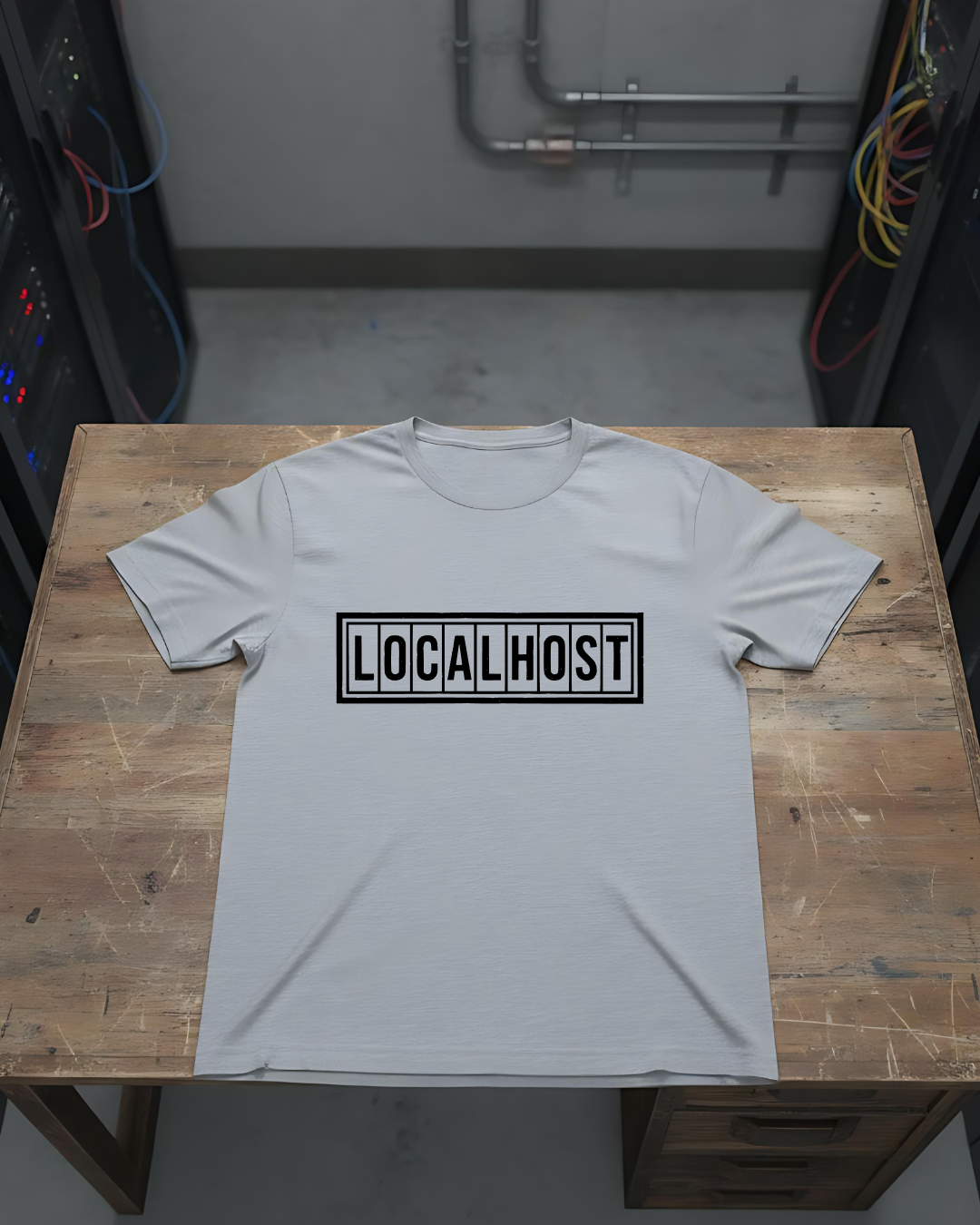 White tshirt with a black LOCALHOST box-logo styled like a vintage industrial label.
