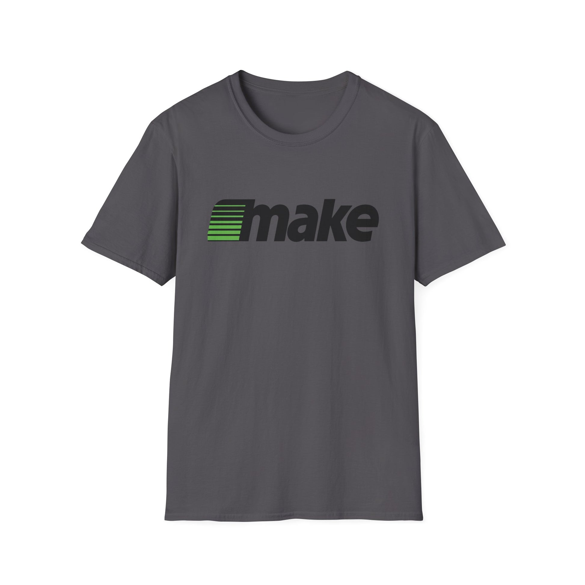 Charcoal t-shirt featuring a bold black MAKE wordmark with green speedline motif, inspired by the retro MECC logo behind The Oregon Trail.