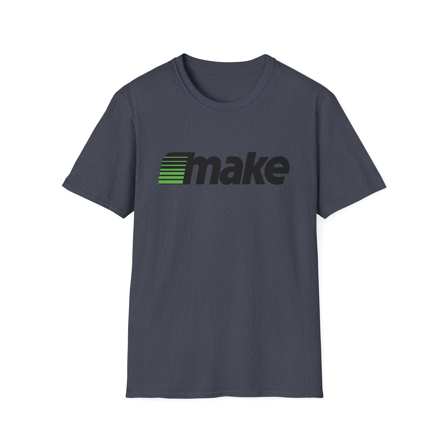 Heather navy t-shirt featuring a bold black MAKE wordmark with green speedline motif, inspired by the retro MECC logo behind The Oregon Trail.