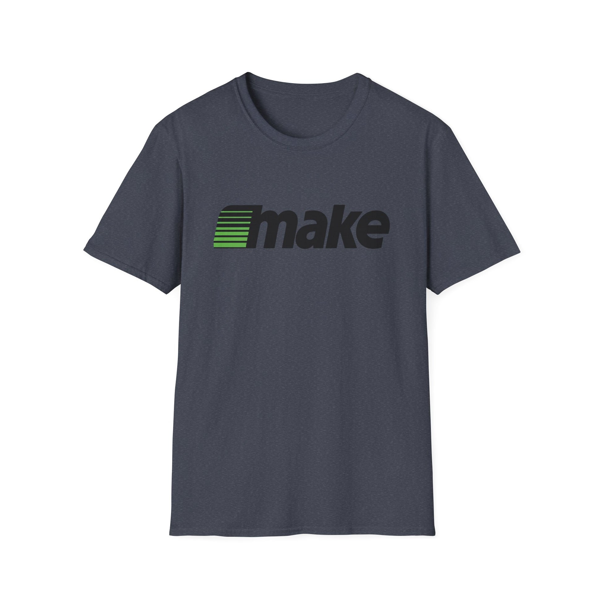 Heather navy t-shirt featuring a bold black MAKE wordmark with green speedline motif, inspired by the retro MECC logo behind The Oregon Trail.