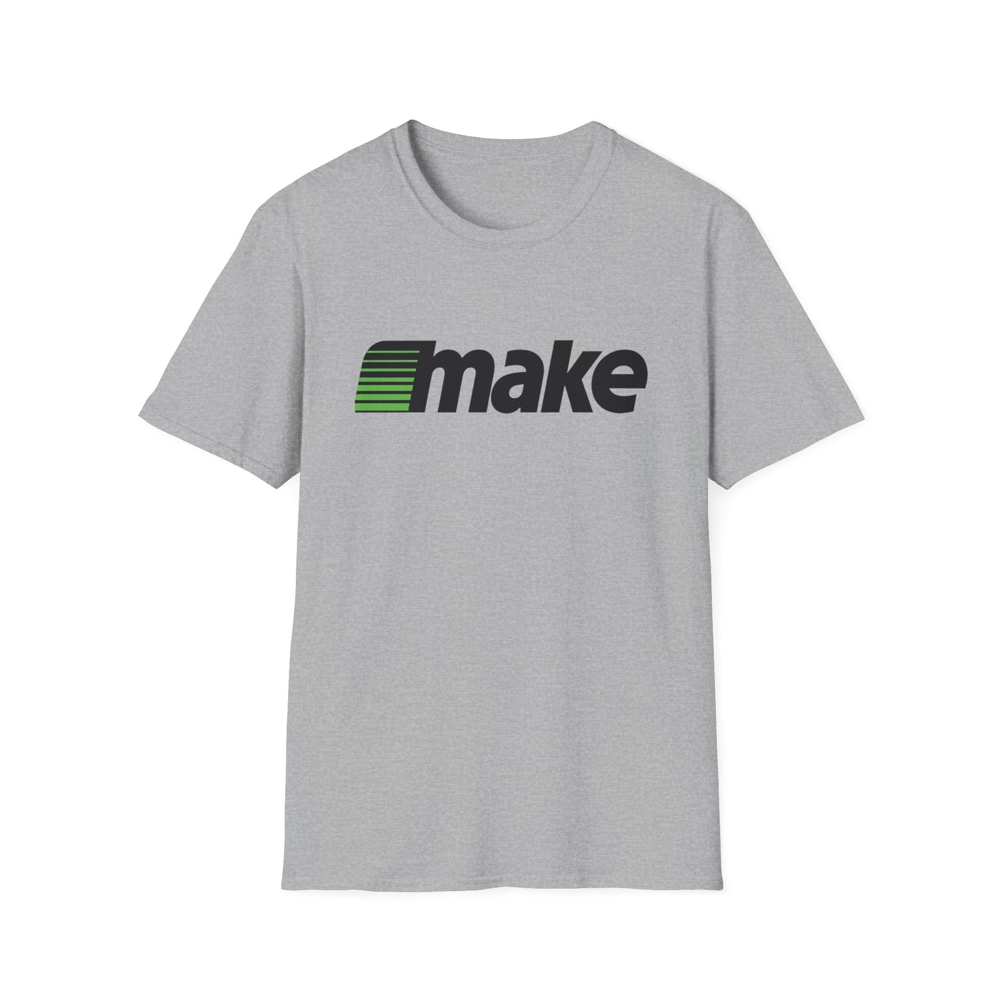 Sport gray t-shirt featuring a bold black MAKE wordmark with green speedline motif, inspired by the retro MECC logo behind The Oregon Trail.